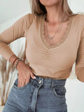 Lace-Trimmed Ruched Detail Long Sleeve T Shirt