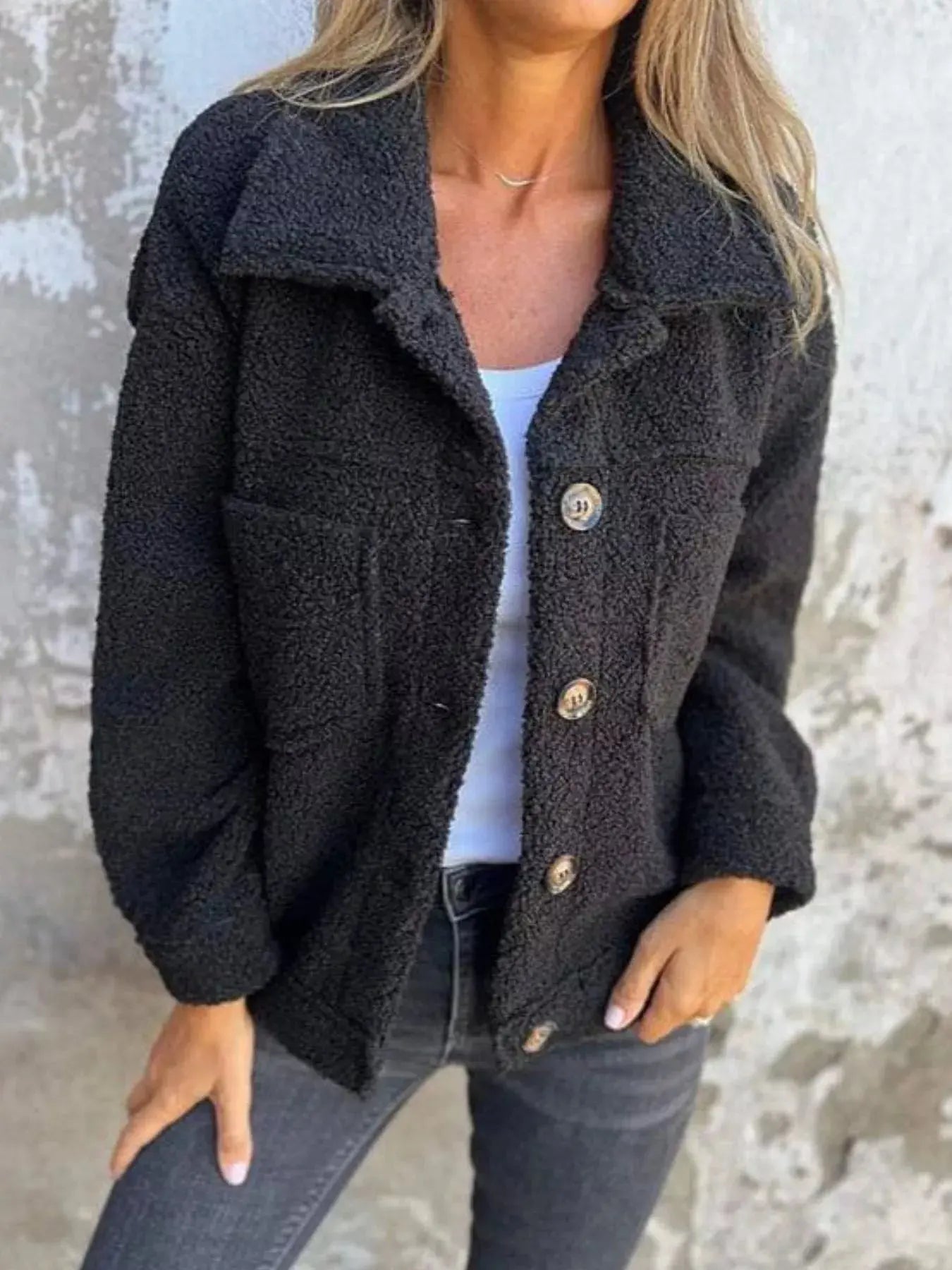 Plus Size Single-Breasted Sherpa Shacket