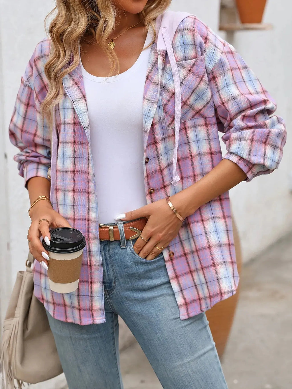 Plaid Button-Up Oversized Hooded Shirt with Chest Pocket