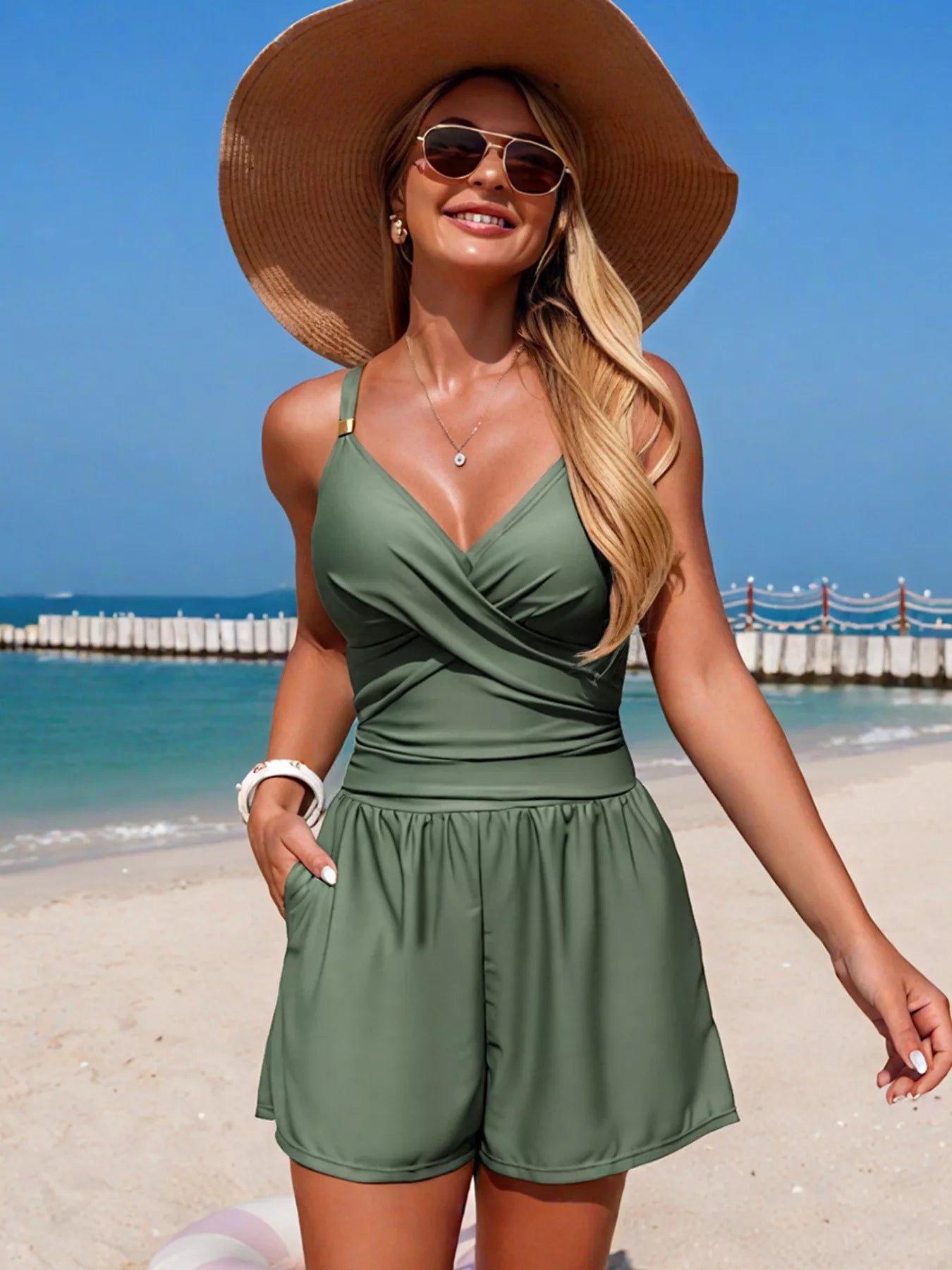 V Neck Spaghetti Strap One Piece Swimsuit