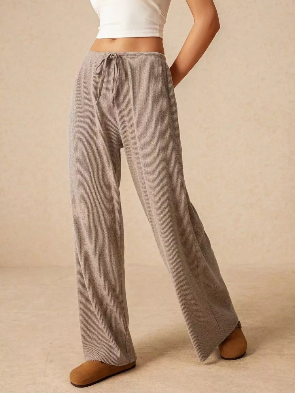 Ribbed Drawstring Wide Leg Pants