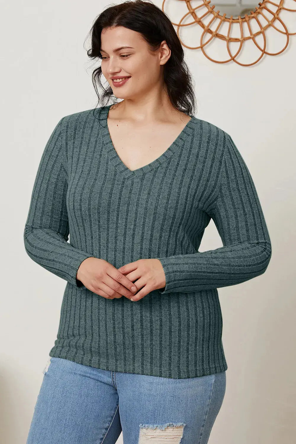 Basic Bae Full Size Ribbed V-Neck Long Sleeve T Shirt for Women