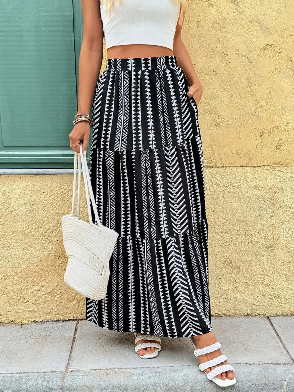 Black and White Tiered Bohemian Maxi Skirt with Pockets