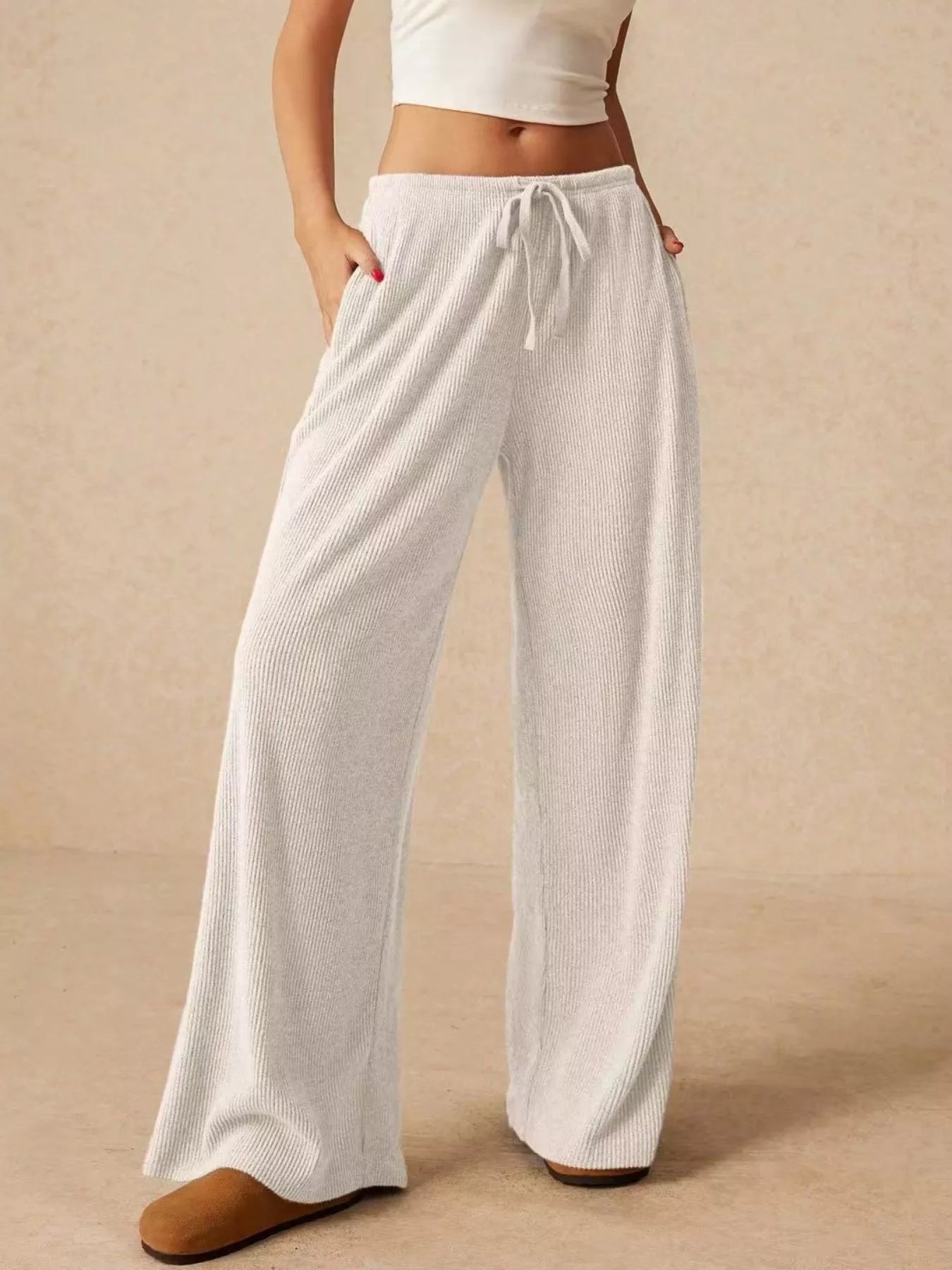 Ribbed Drawstring Wide Leg Pants