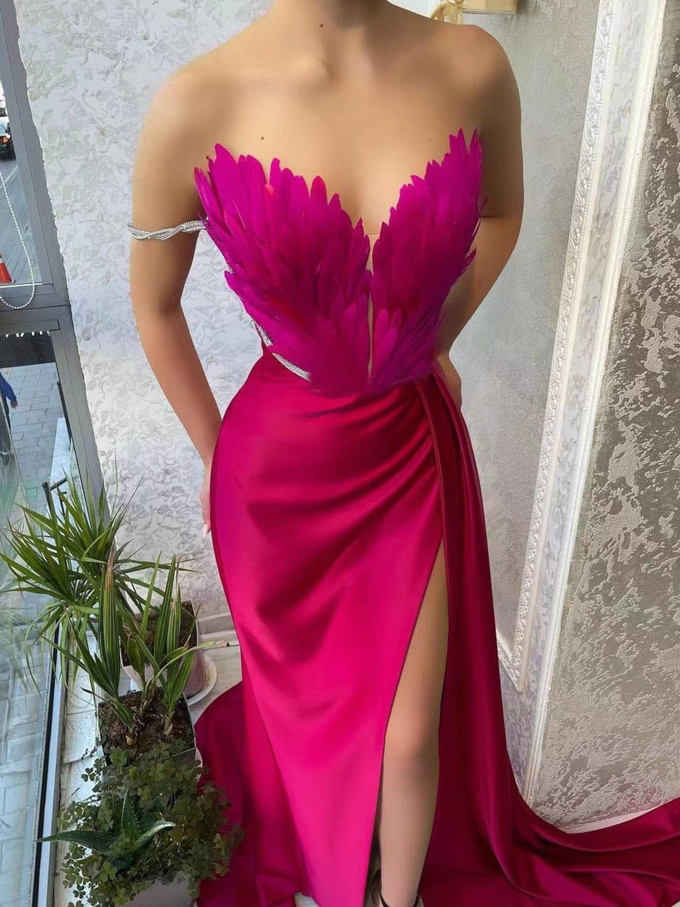 Feather Embellished Slit Maxi Dress