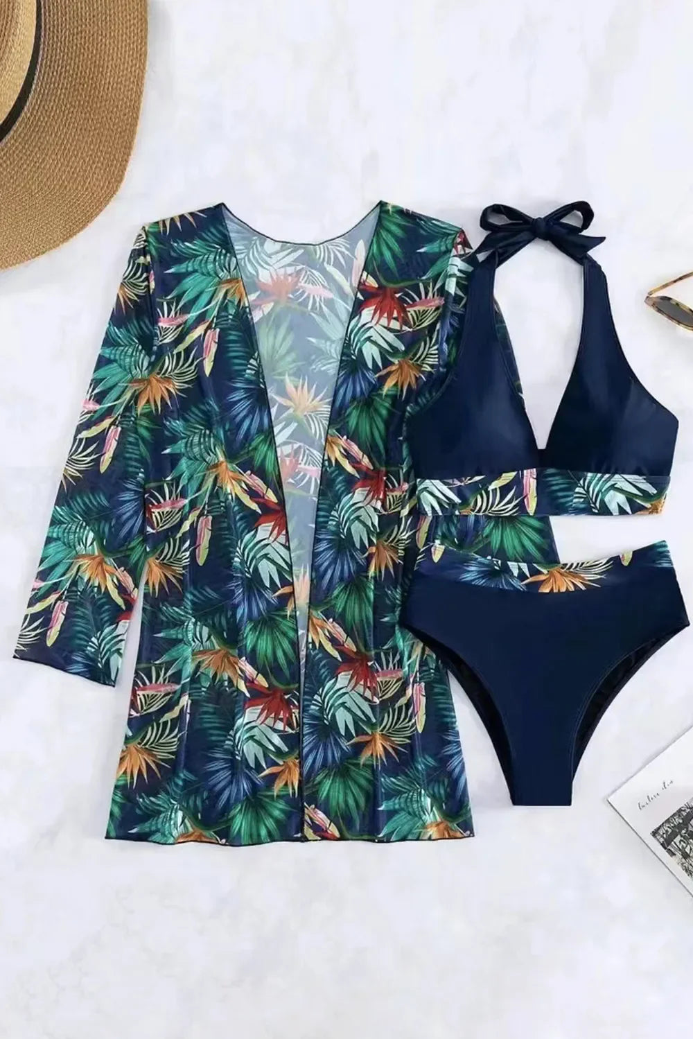 Printed Halter Neck Three Piece Swim Set