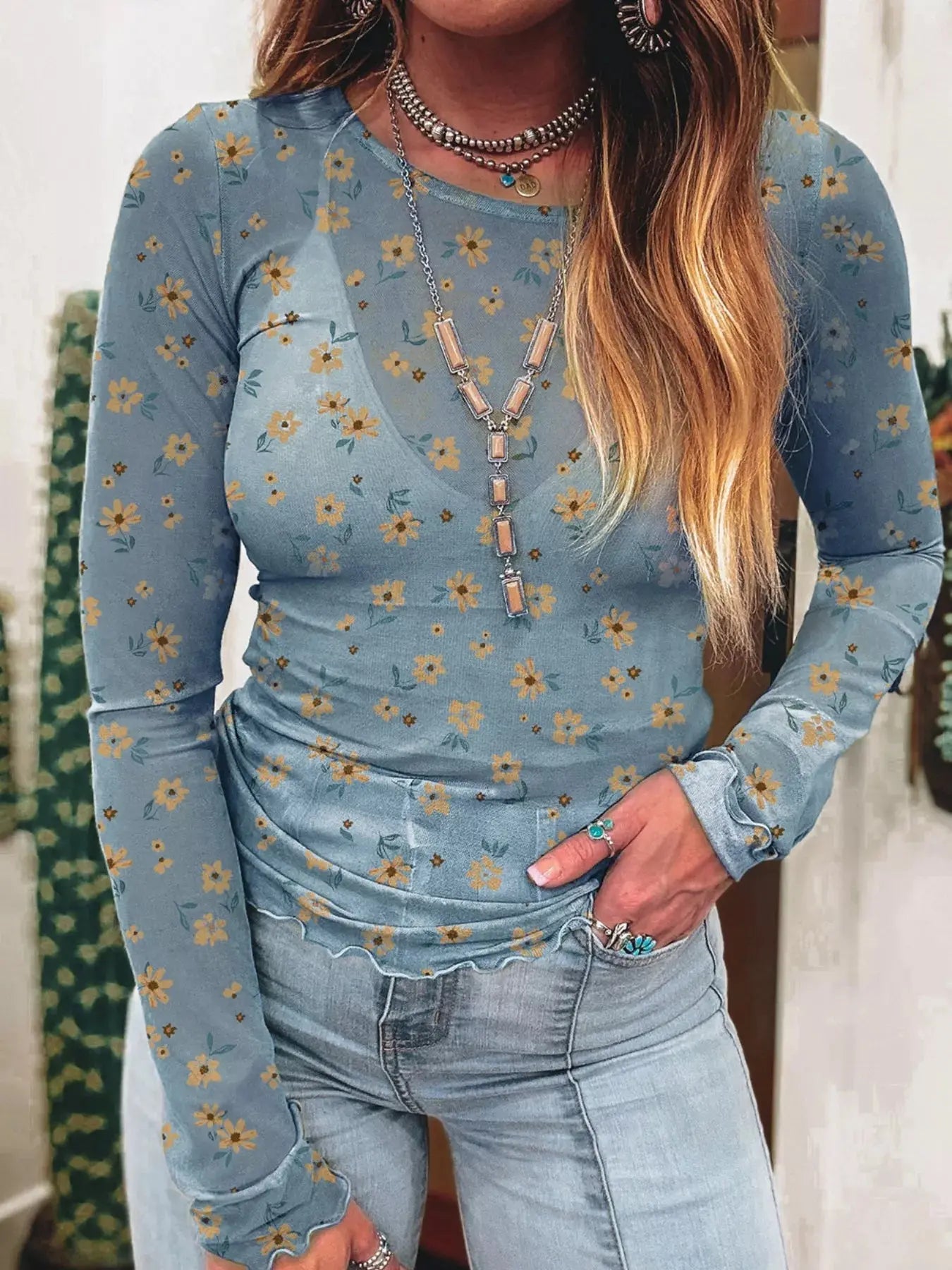 Floral Print Mesh Long Sleeve Top