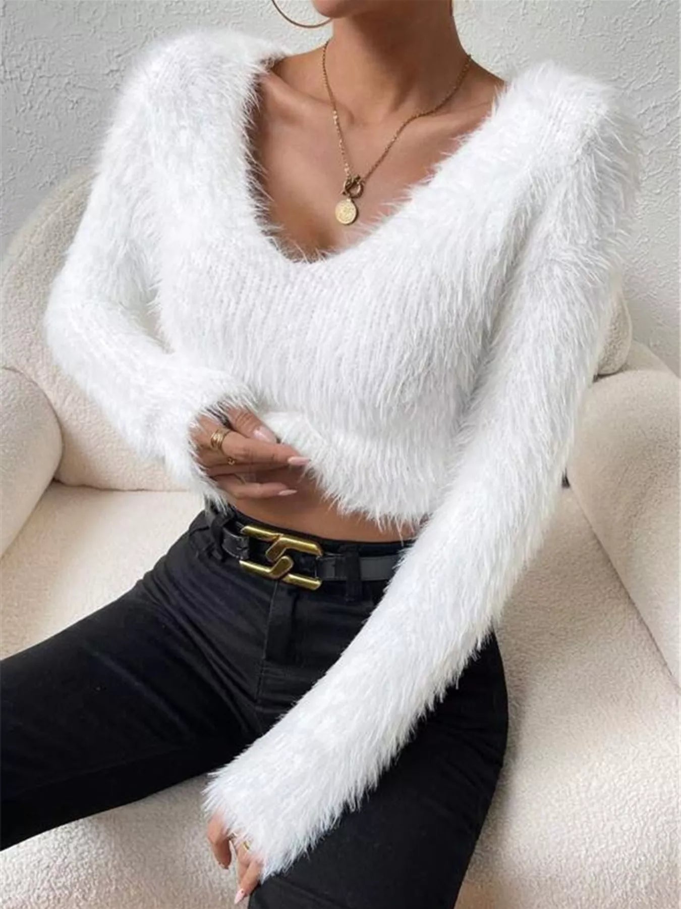 Fluffy Knit V Neck Sweater