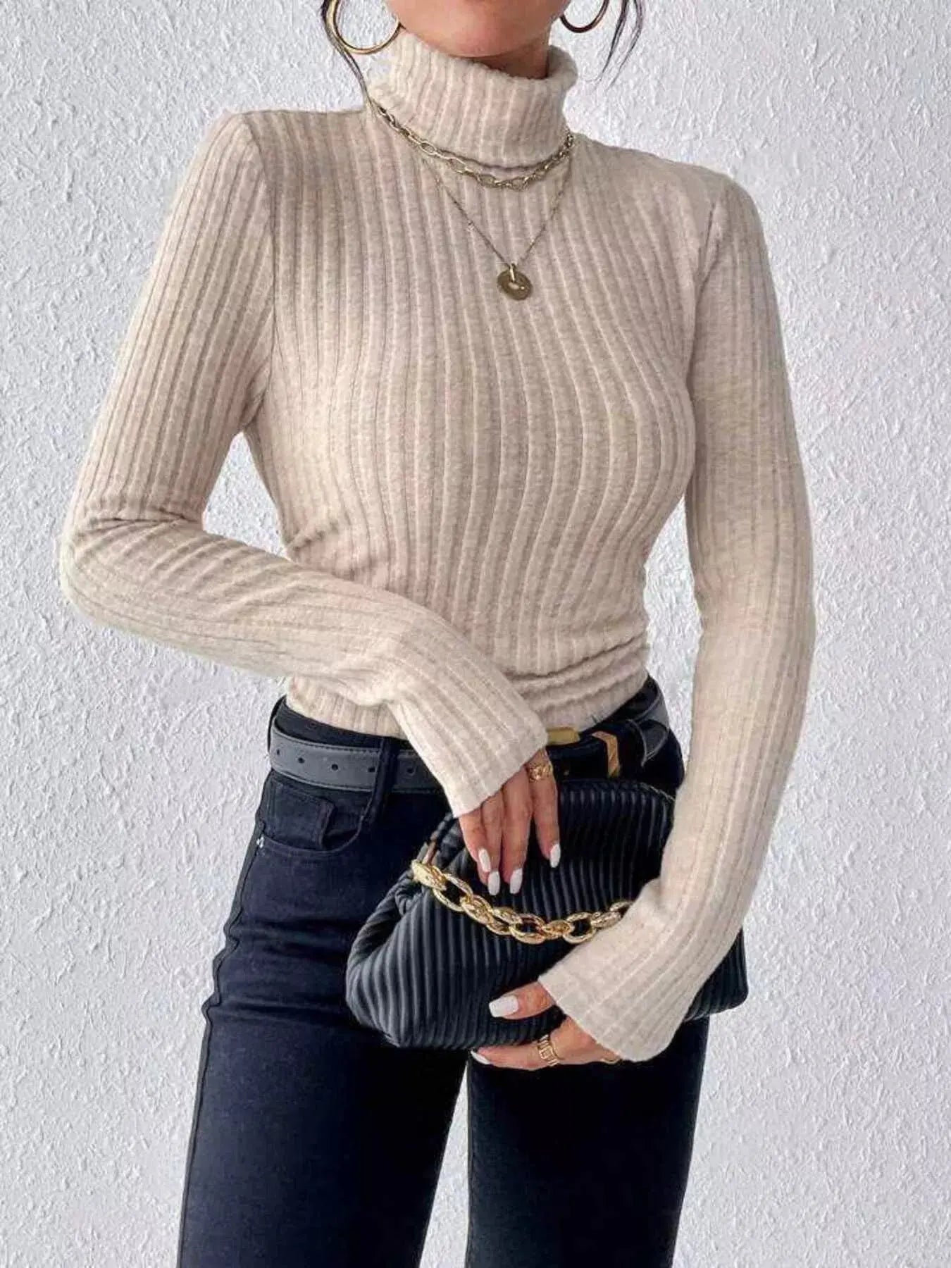 Ribbed Turtleneck Long Sleeve T Shirt