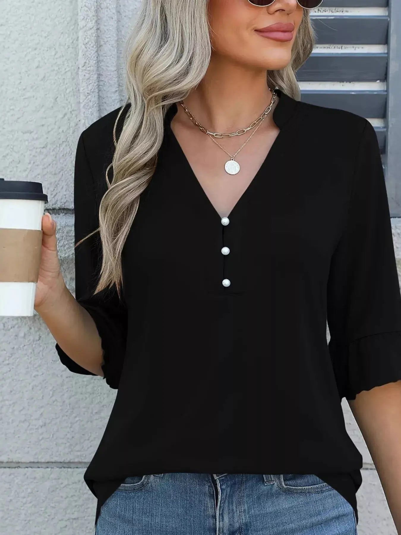 Full Size Notched Flounce Sleeve Blouse