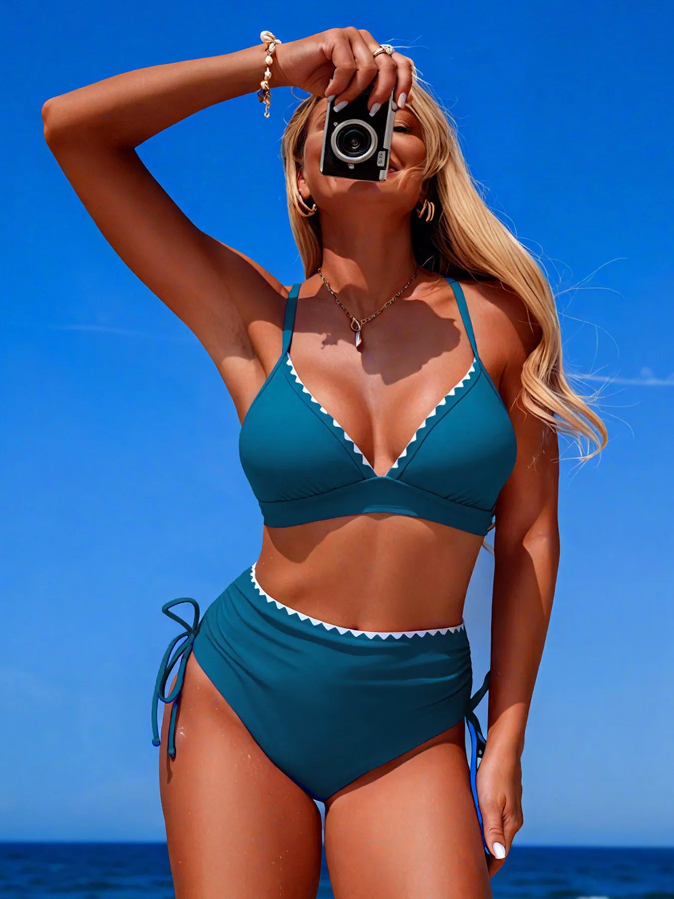 Scalloped Trim High Waisted Bikini Set