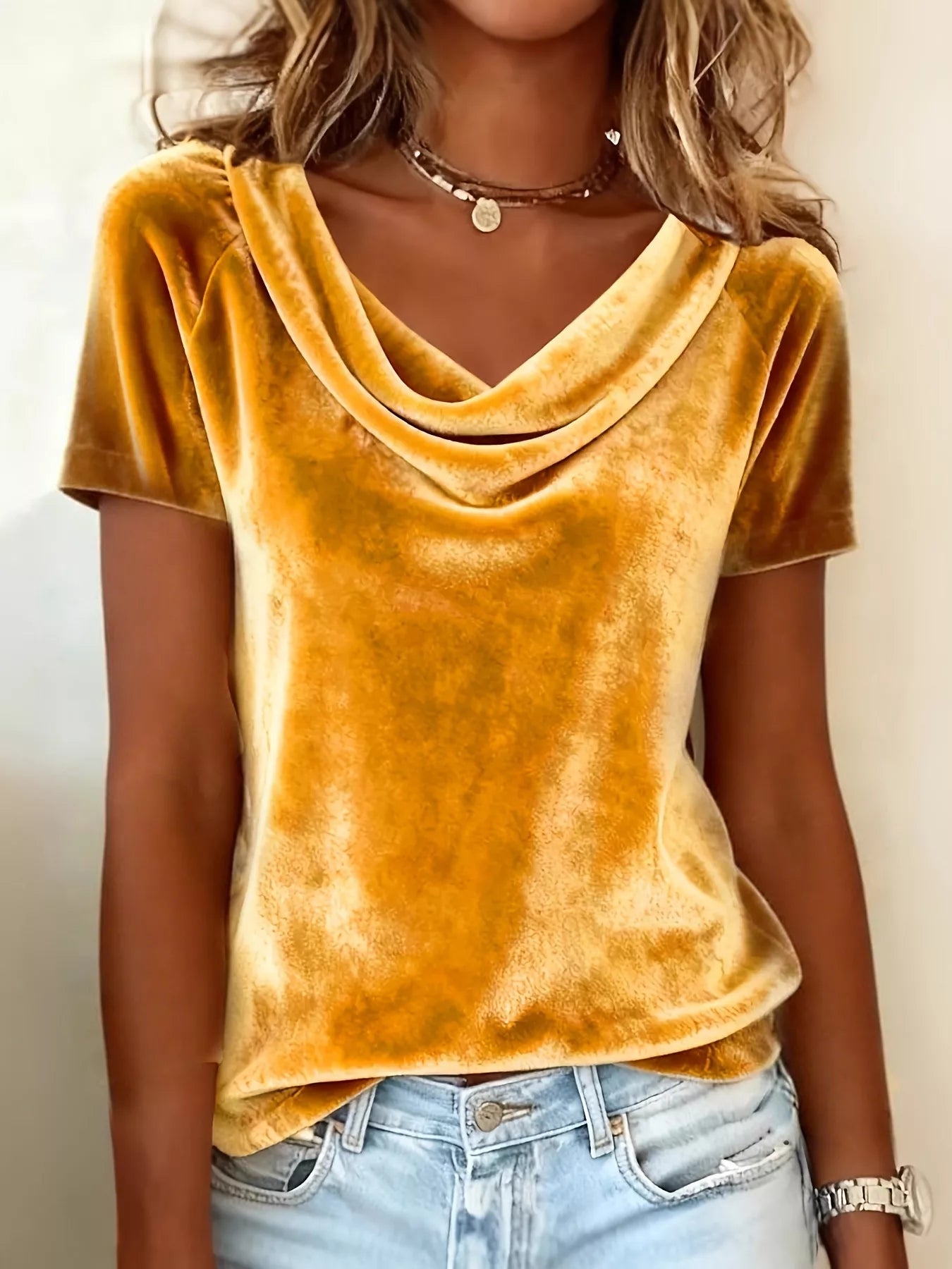 Velvet Cowl Neck Short Sleeve Top