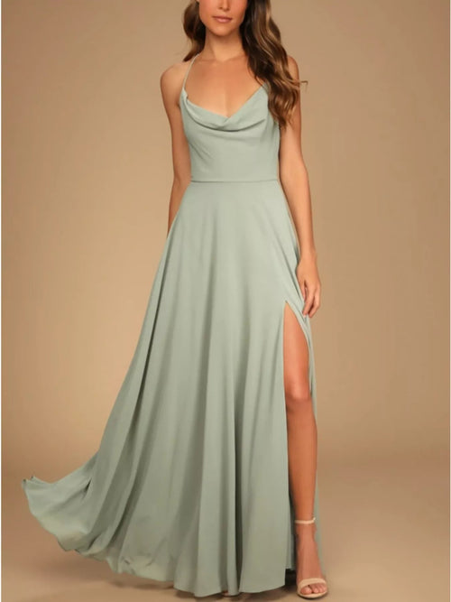 Backless Cowl Neck Lace-Up Slit Maxi Dress