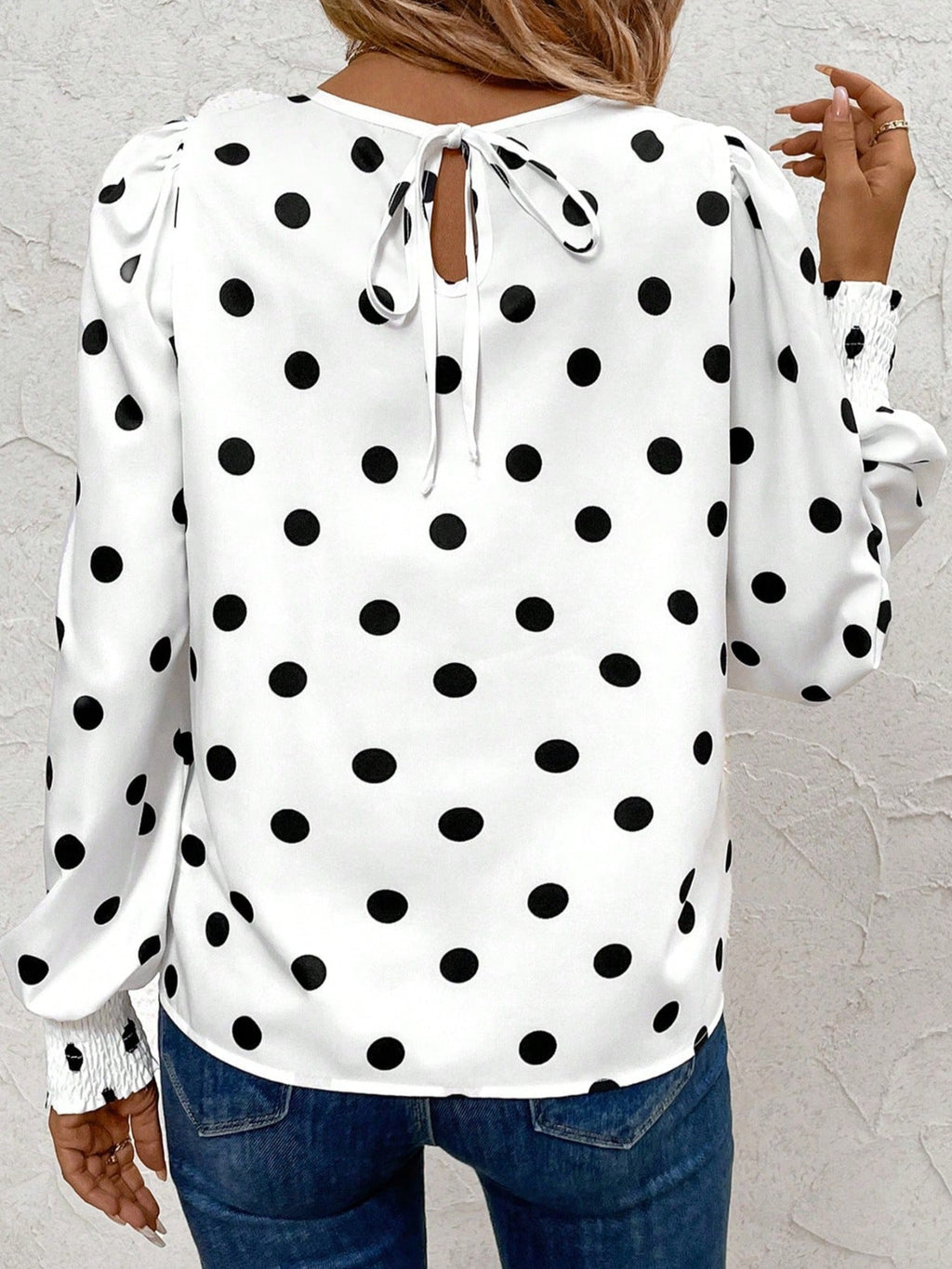 Women's White Polka Dot Long Sleeve Blouse