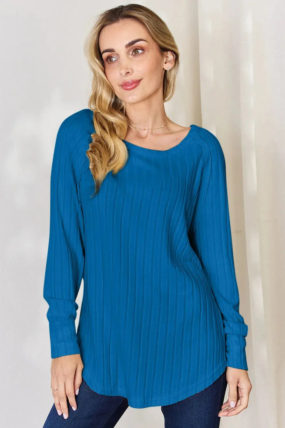Basic Bae Ribbed Round Neck Slit Womens Long Sleeve T Shirt – Full & Plus Size