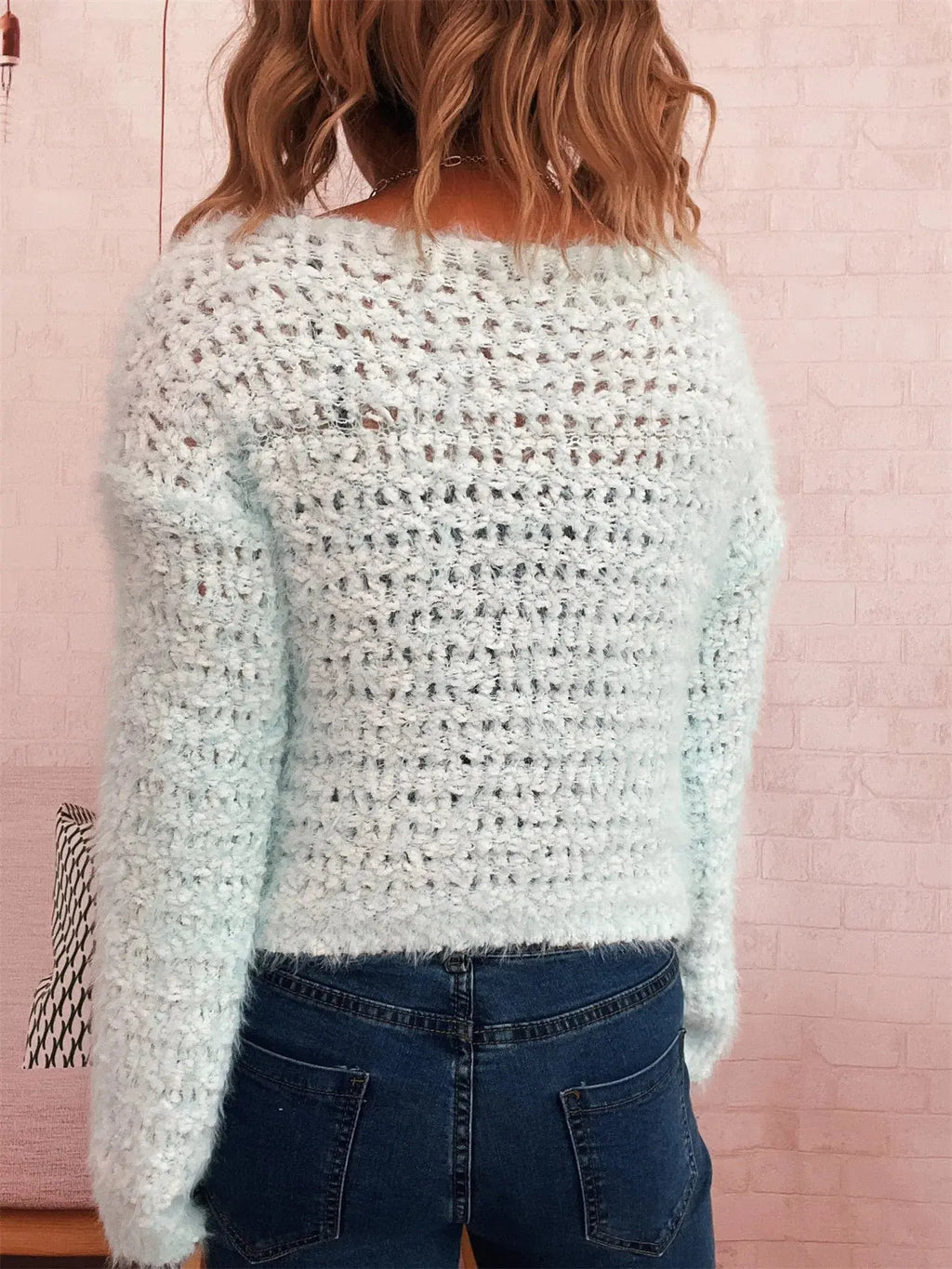 Crochet Dropped Shoulder Round Neck Sweater
