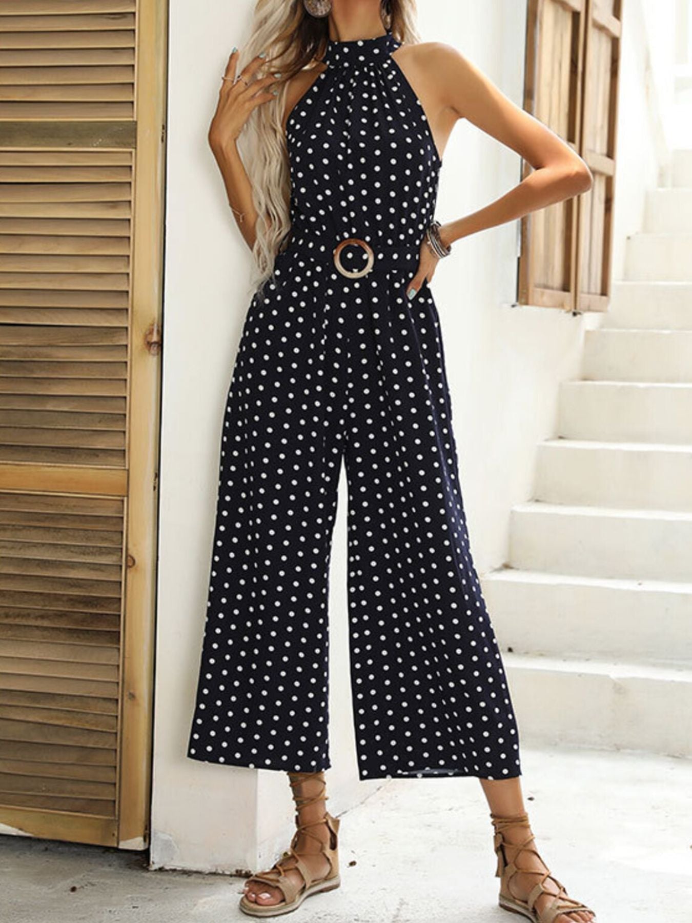 Polka Dot Halter Neck Wide Leg Jumpsuit