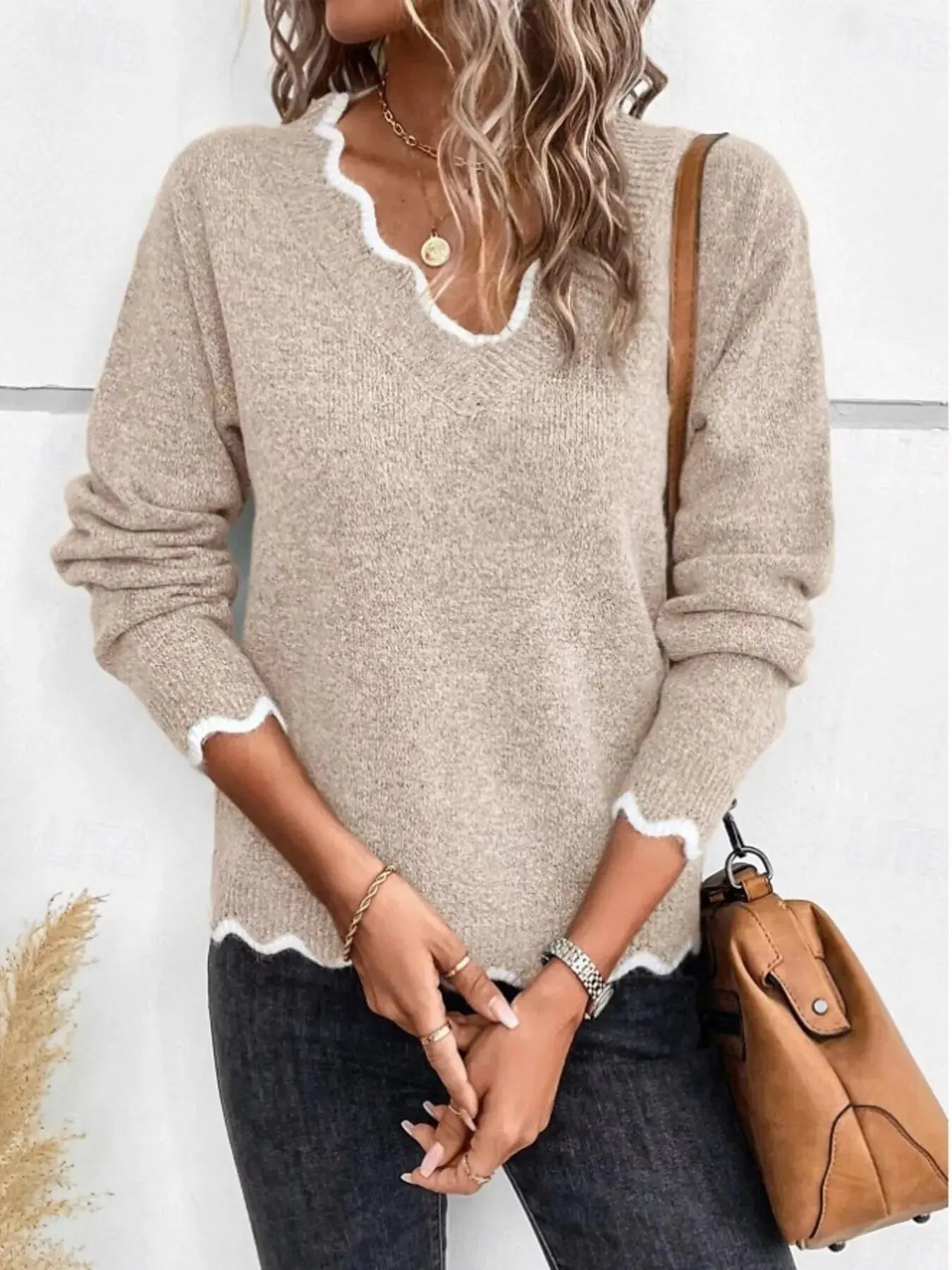 Contrast Trim V Neck Sweater
