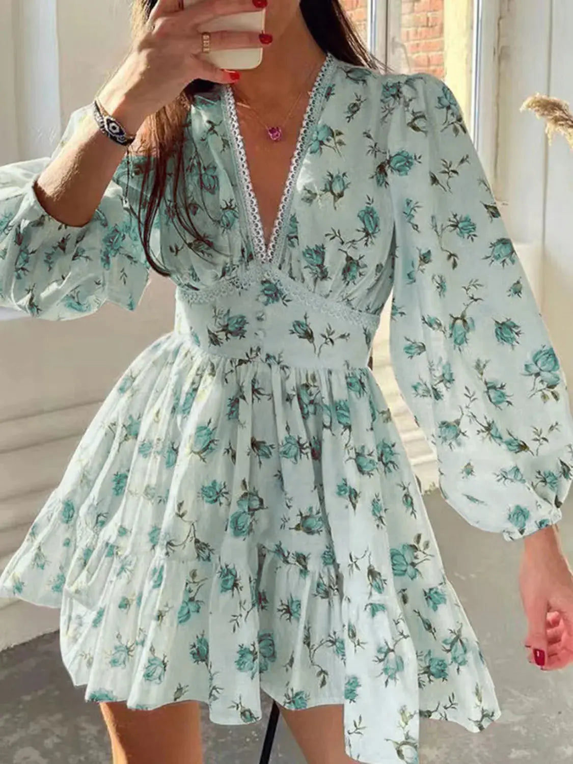 Lace Detail V Neck Balloon Sleeve Dress