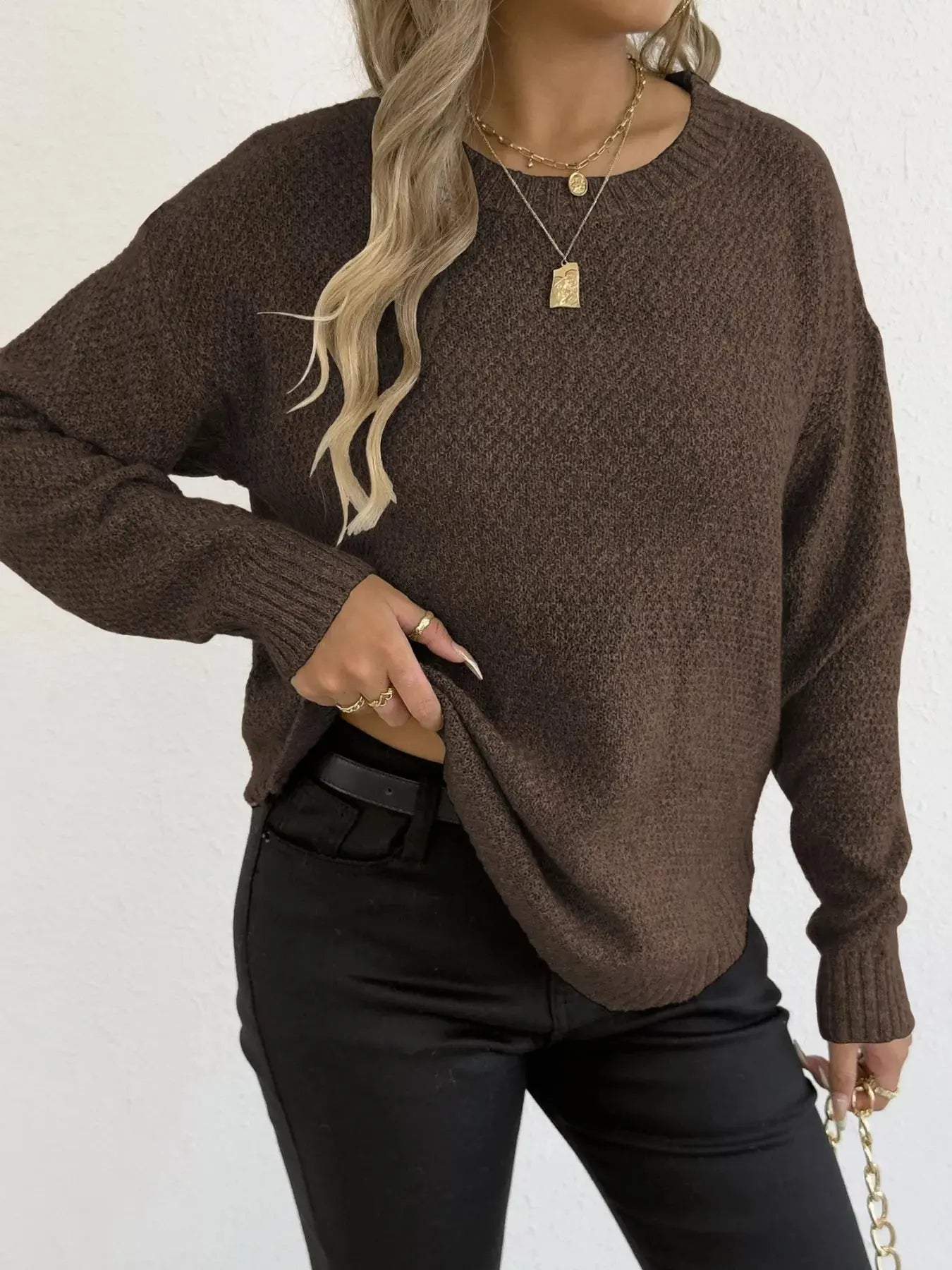 Round Neck Textured Knit Relaxed Fit Sweater