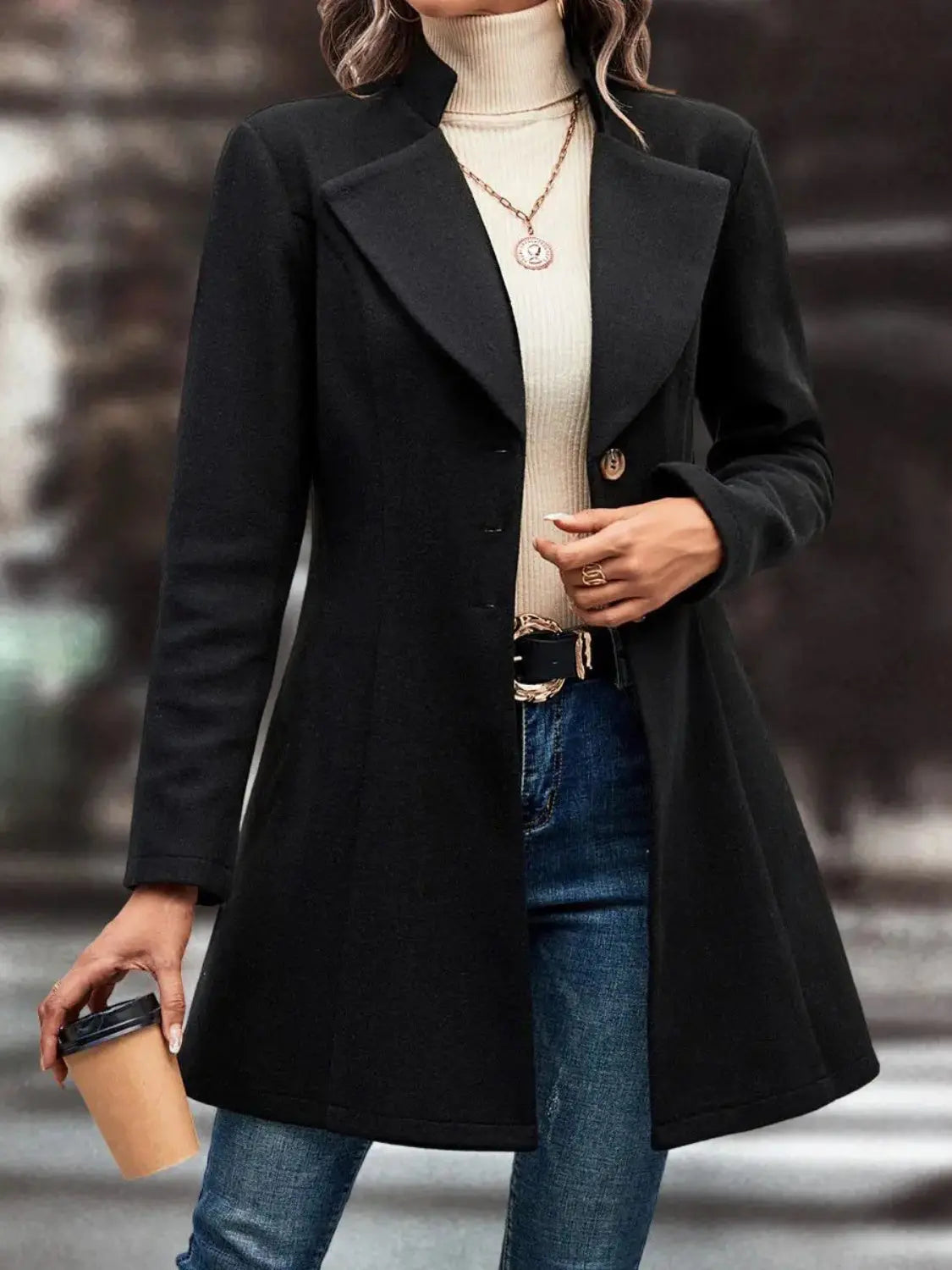 Collared Neck Long Sleeve Womens Longline Coat