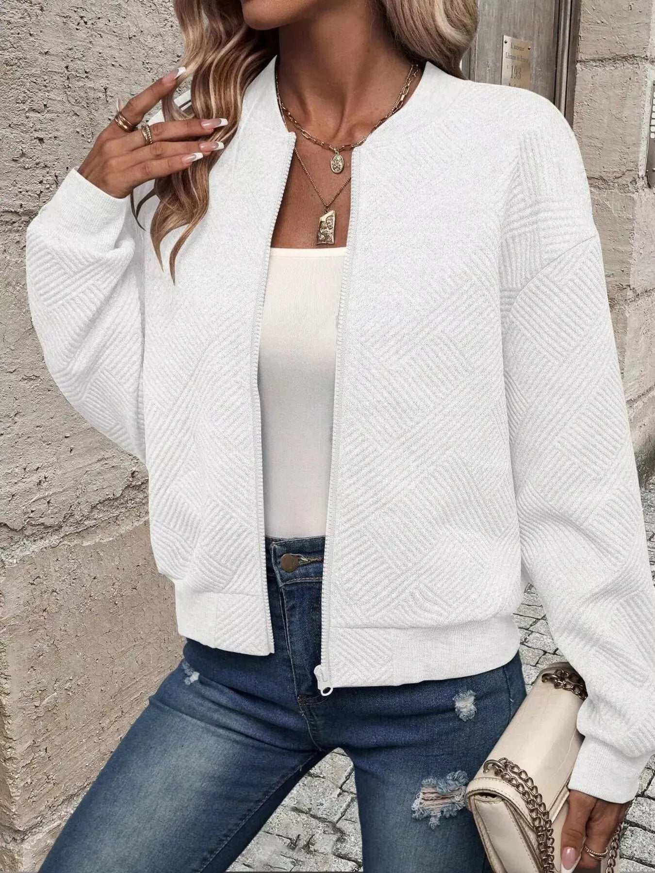 Texture Zip Up Bomber Jacket