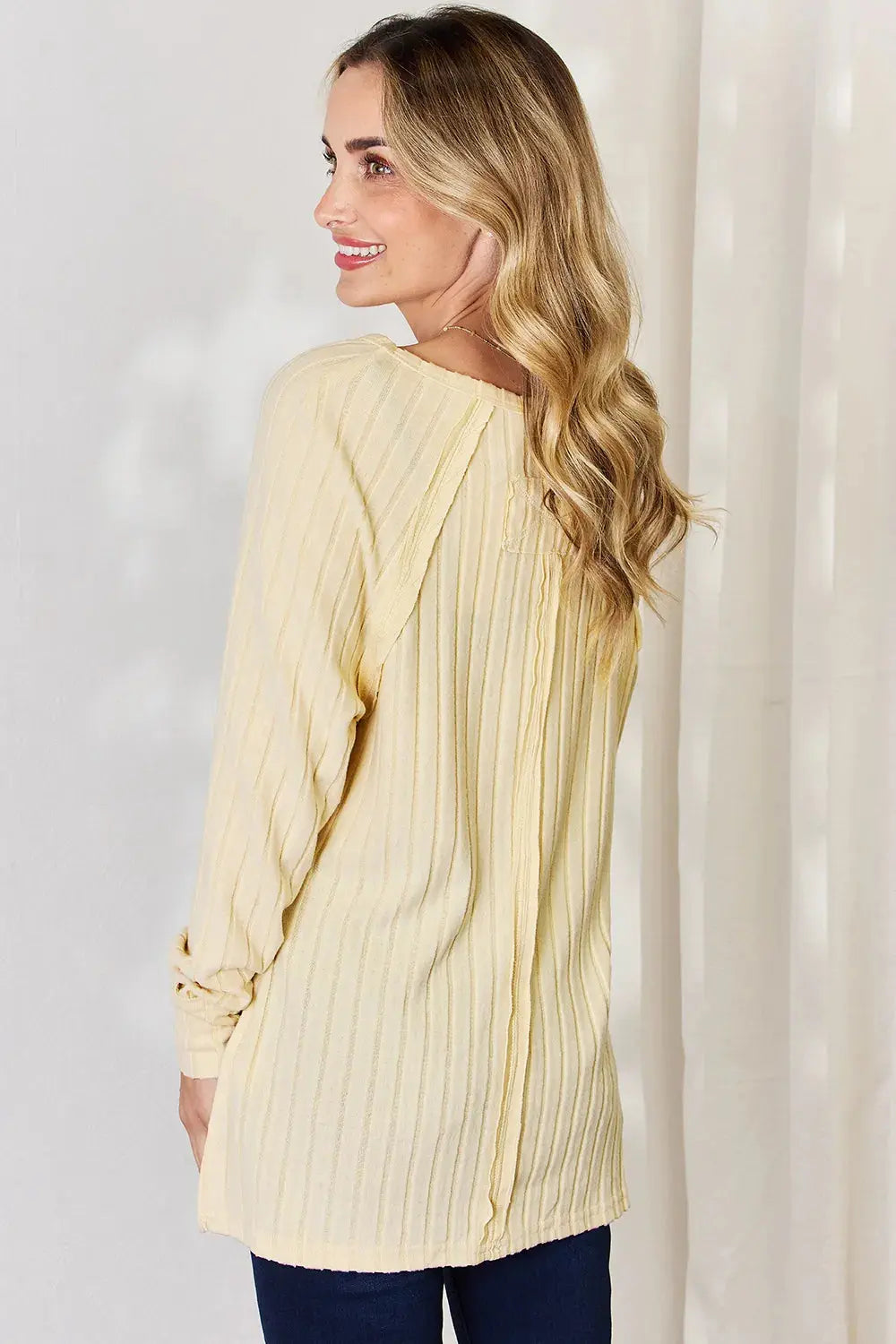 Basic Bae Ribbed Round Neck Slit Womens Long Sleeve T Shirt – Full & Plus Size