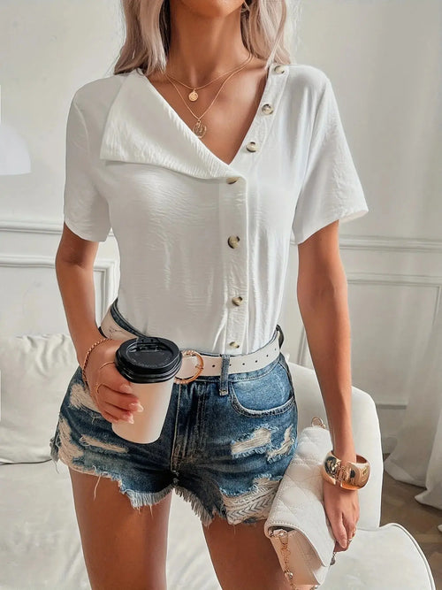 Button Front Short Sleeve White Asymmetrical Top