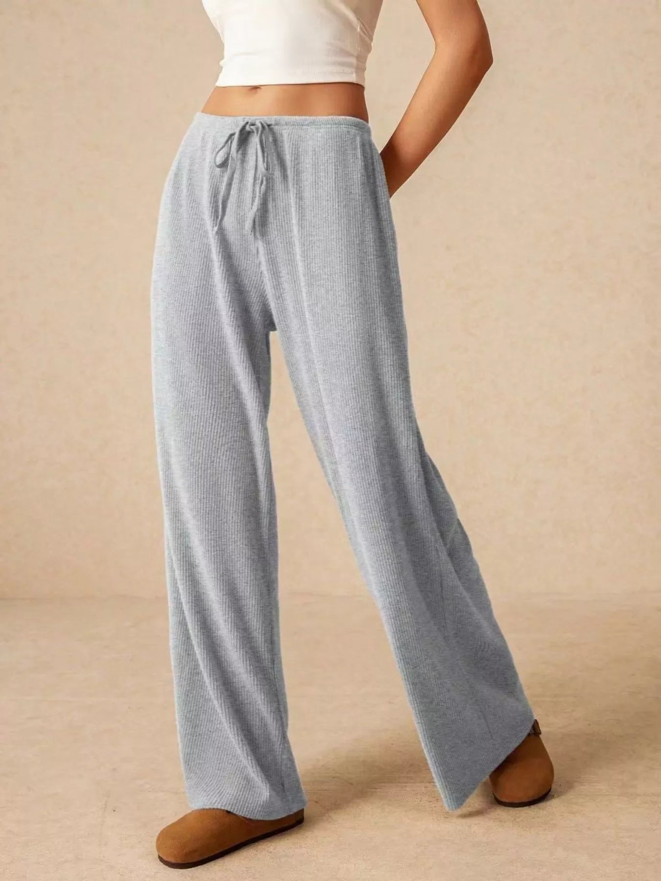 Ribbed Drawstring Wide Leg Pants