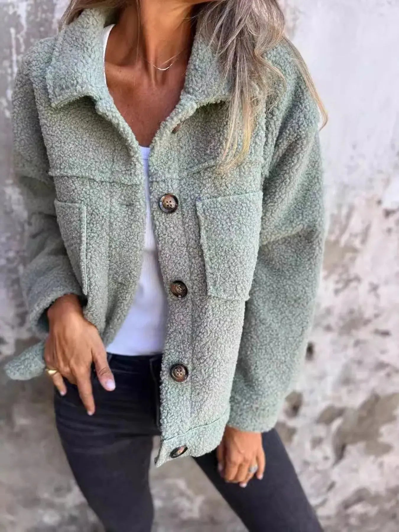 Plus Size Single-Breasted Sherpa Shacket