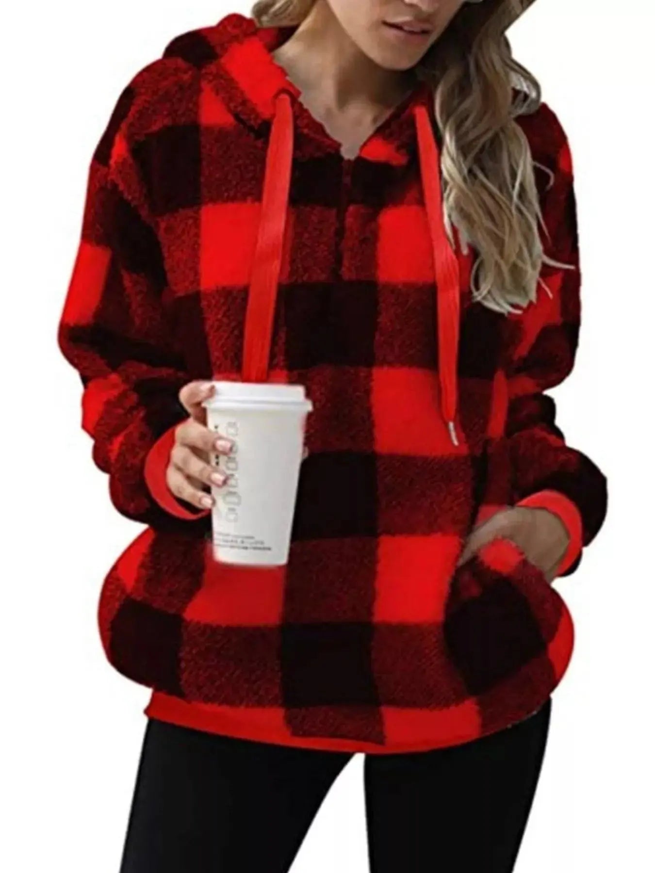 Plus Size Plaid Drawstring Sherpa Hoodie