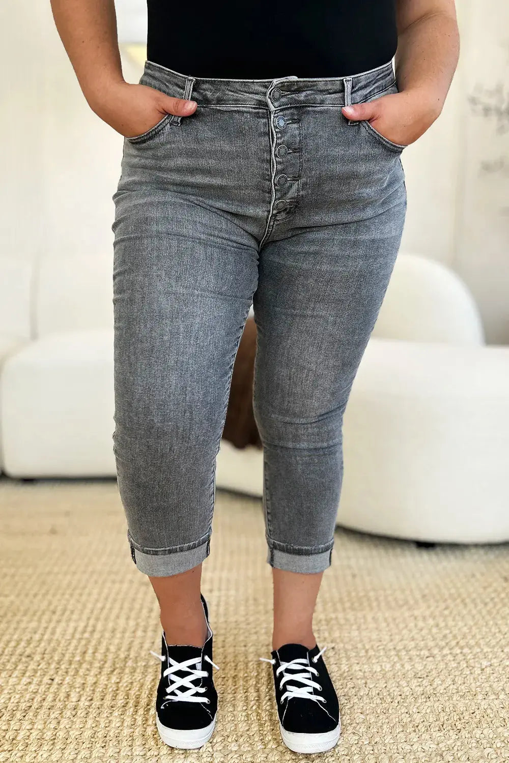 Judy Blue Jeans - Full Size Button Fly High Waist Cuffed Capris