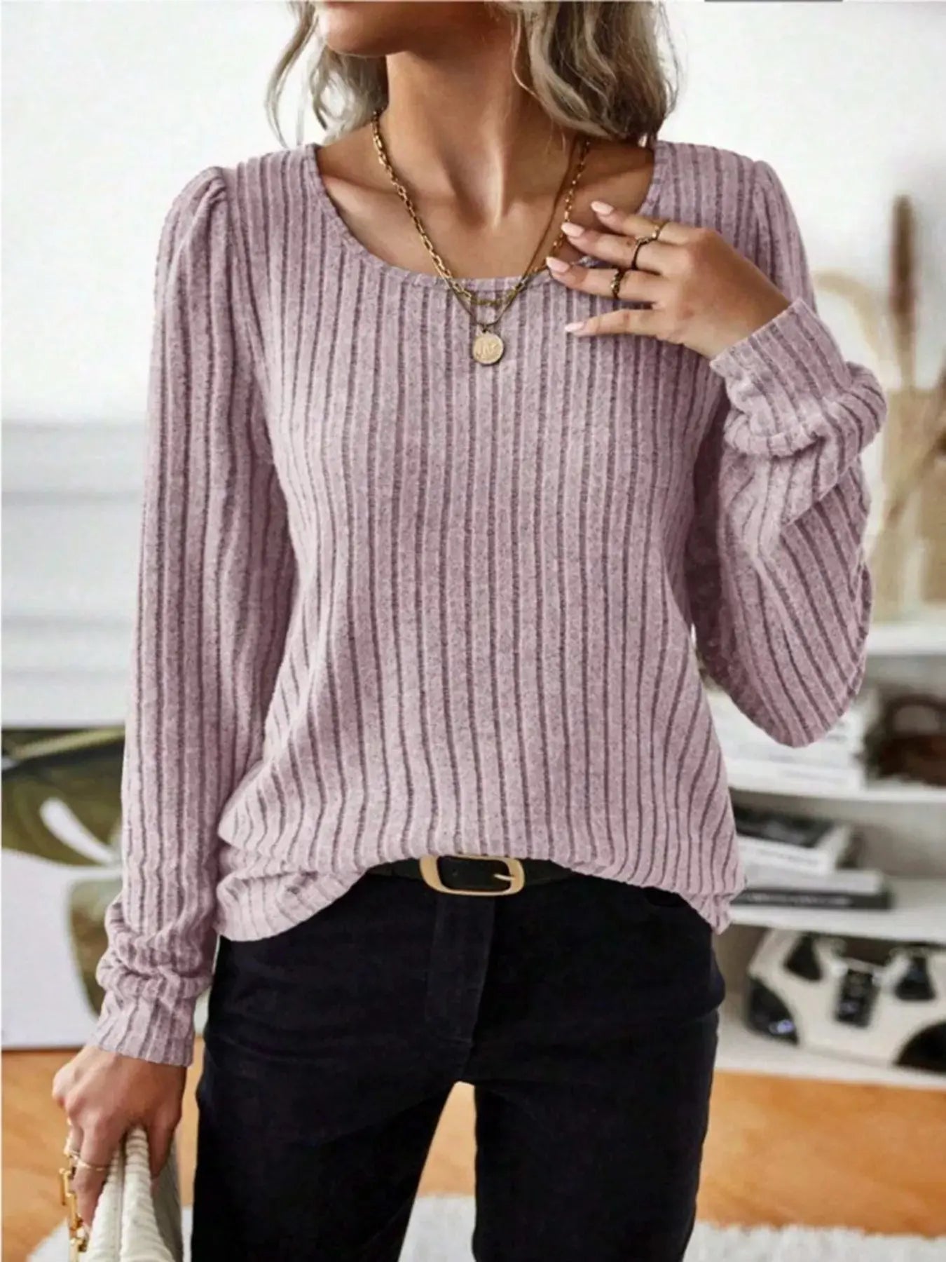 Ribbed Knit Long Sleeve T Shirt