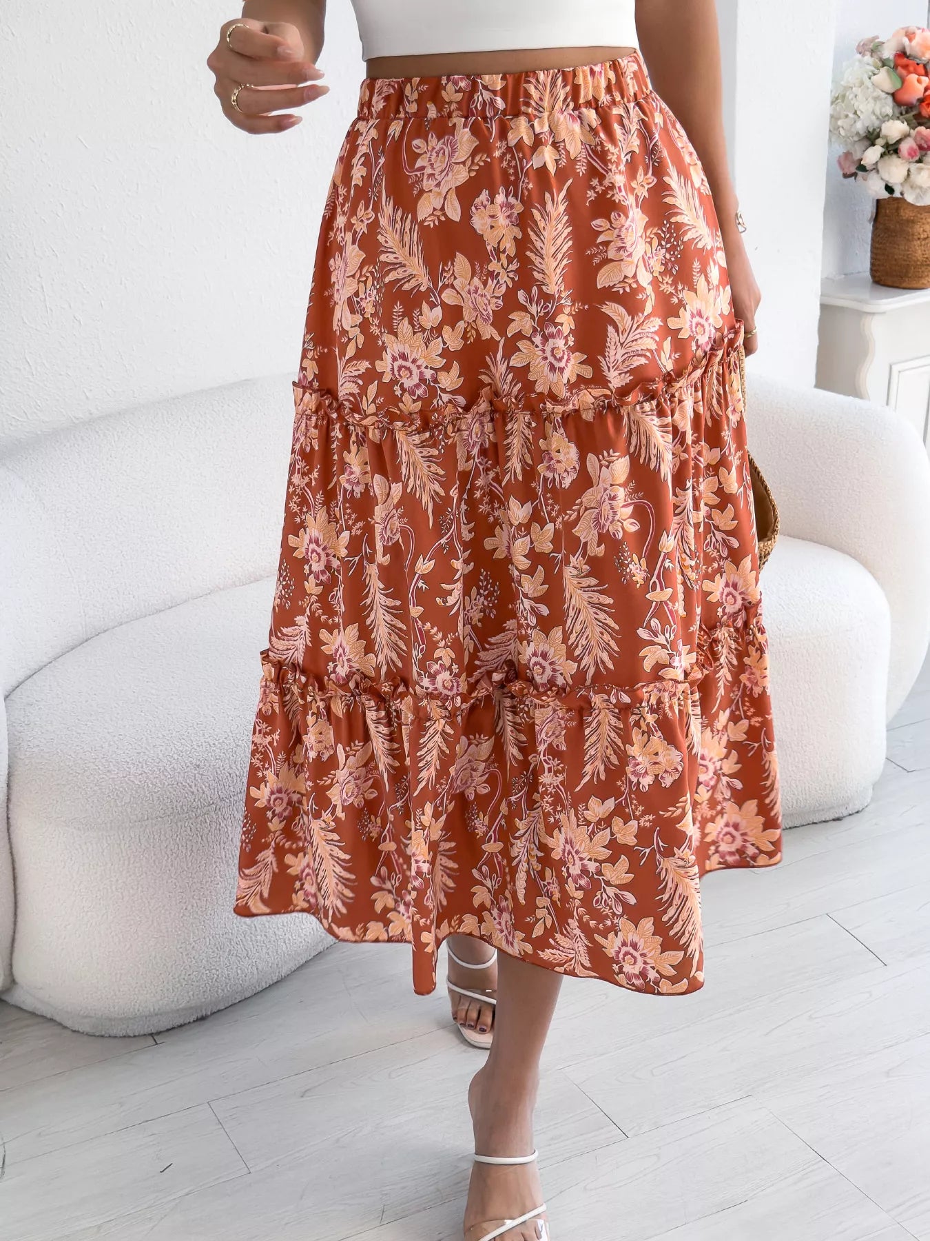 Floral Print Ruffle Hem Flowy Midi Skirt