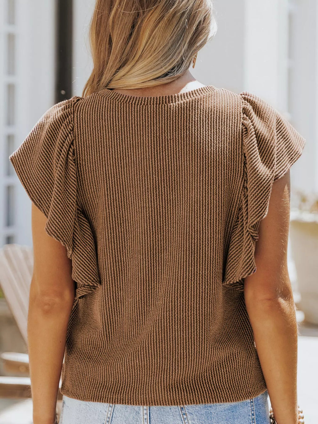 Full Size Ruffled Sleeve Ribbed Knit T Shirt