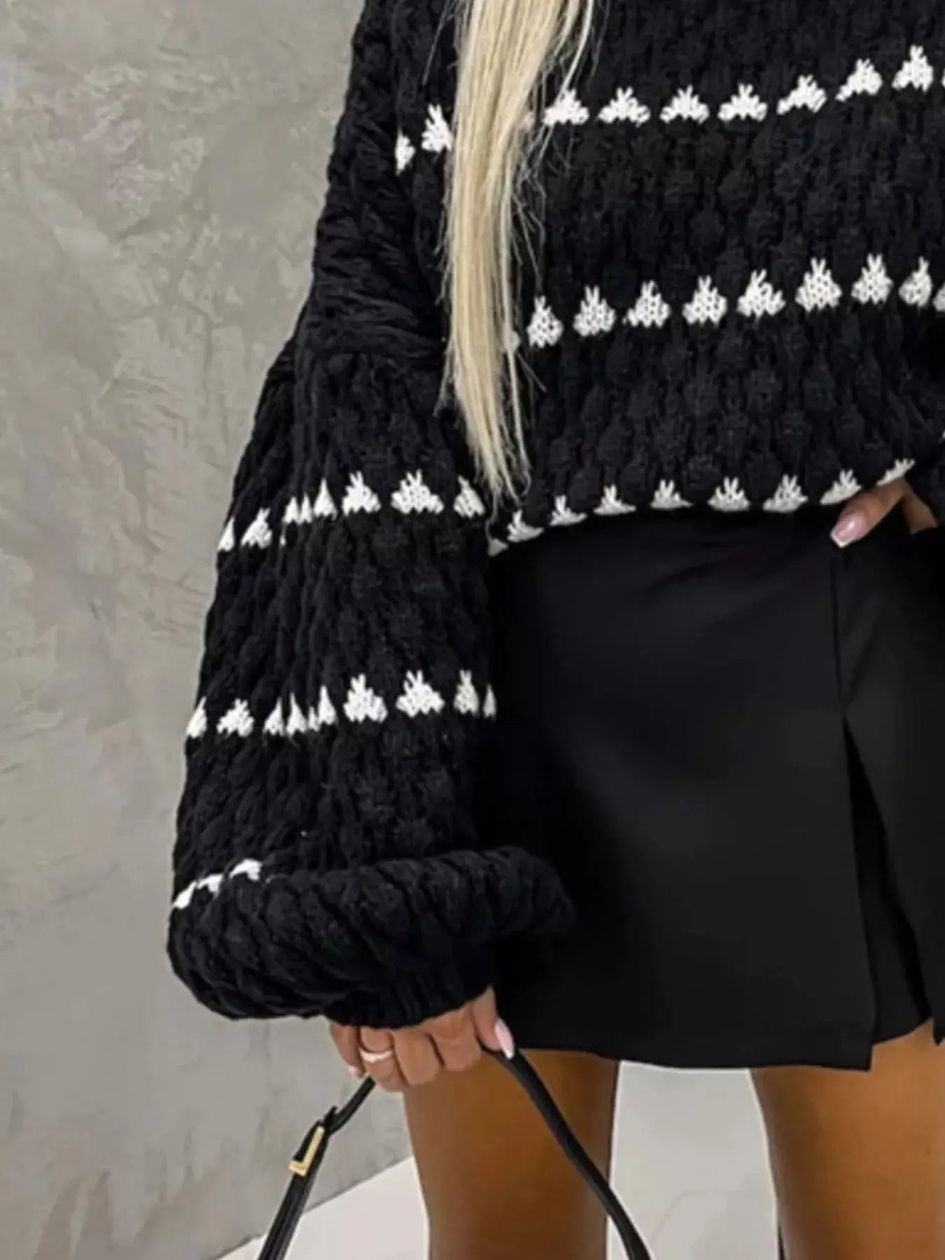 Striped Chunky Knit Sweater with Balloon Sleeves