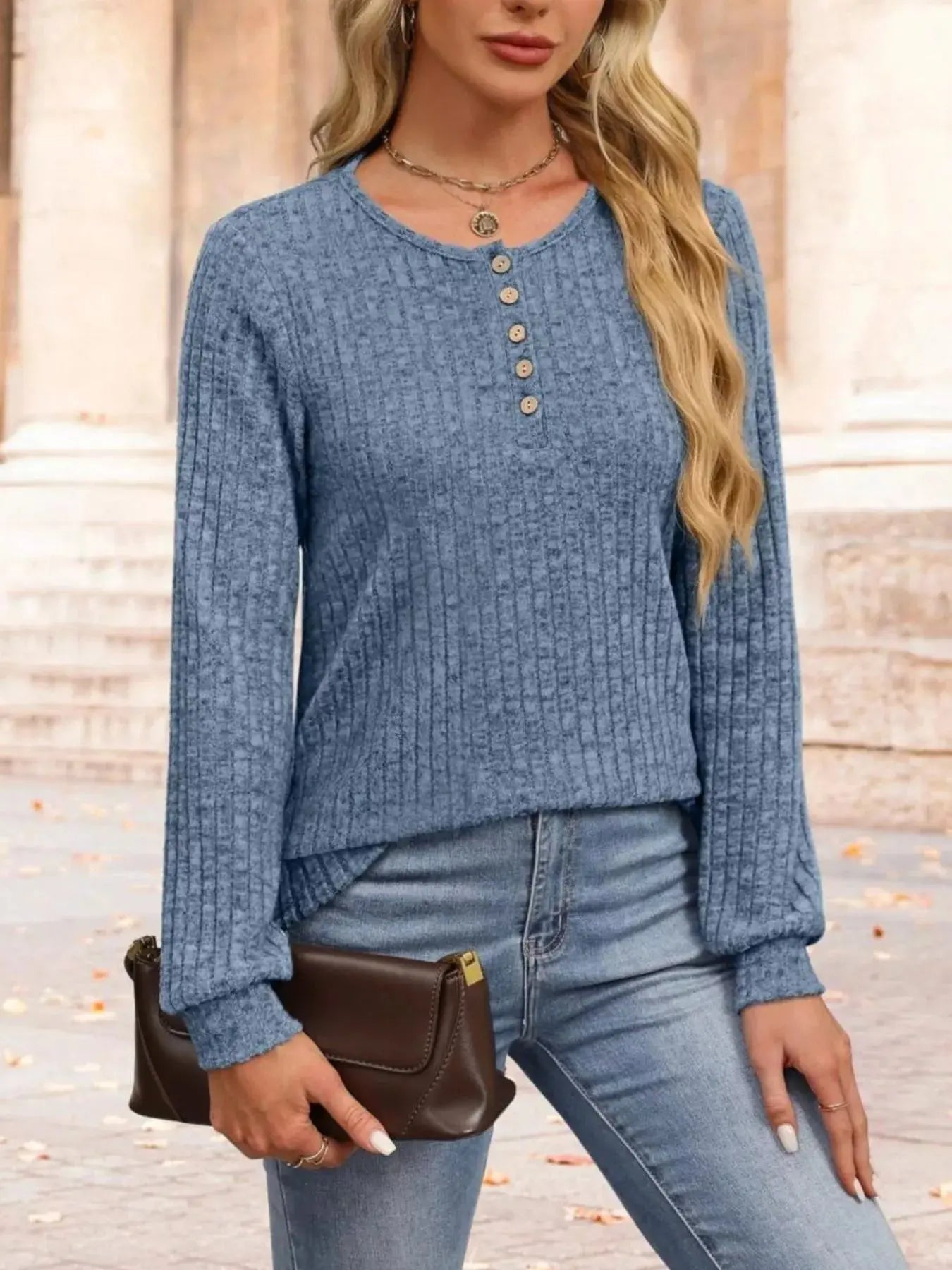 Ribbed Knit Button Front Long Sleeve T Shirt