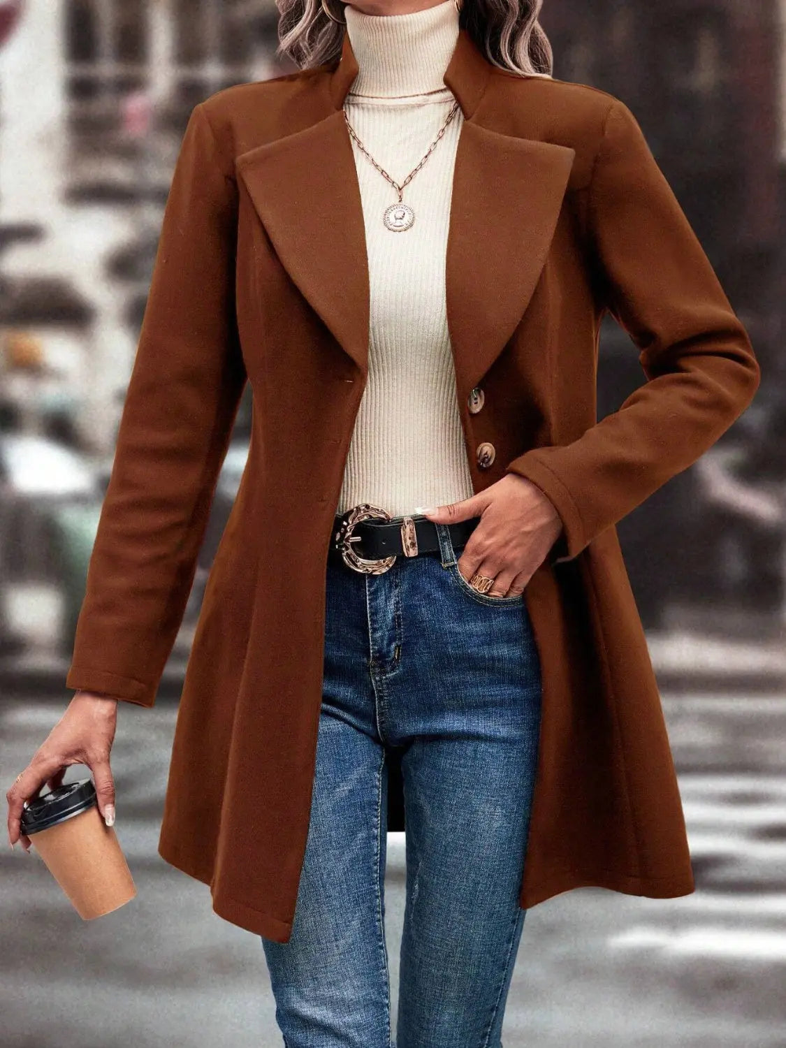 Collared Neck Long Sleeve Womens Longline Coat