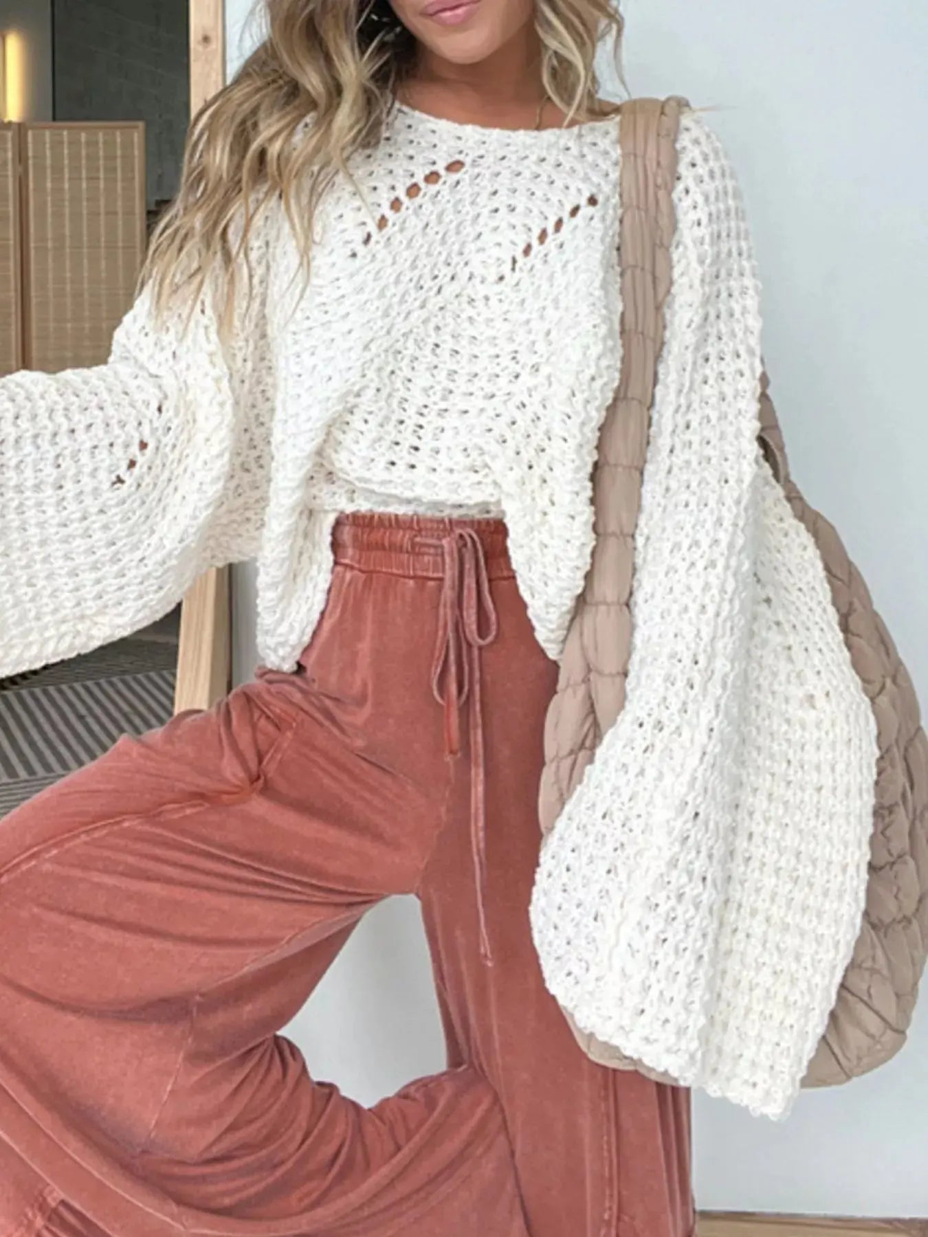 Openwork Batwing Sleeve Sweater