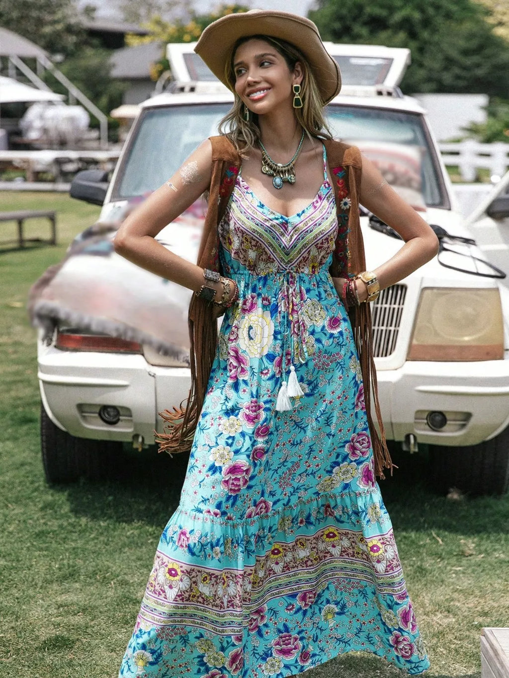 Boho Tassel Floral Print Tiered Cami Dress