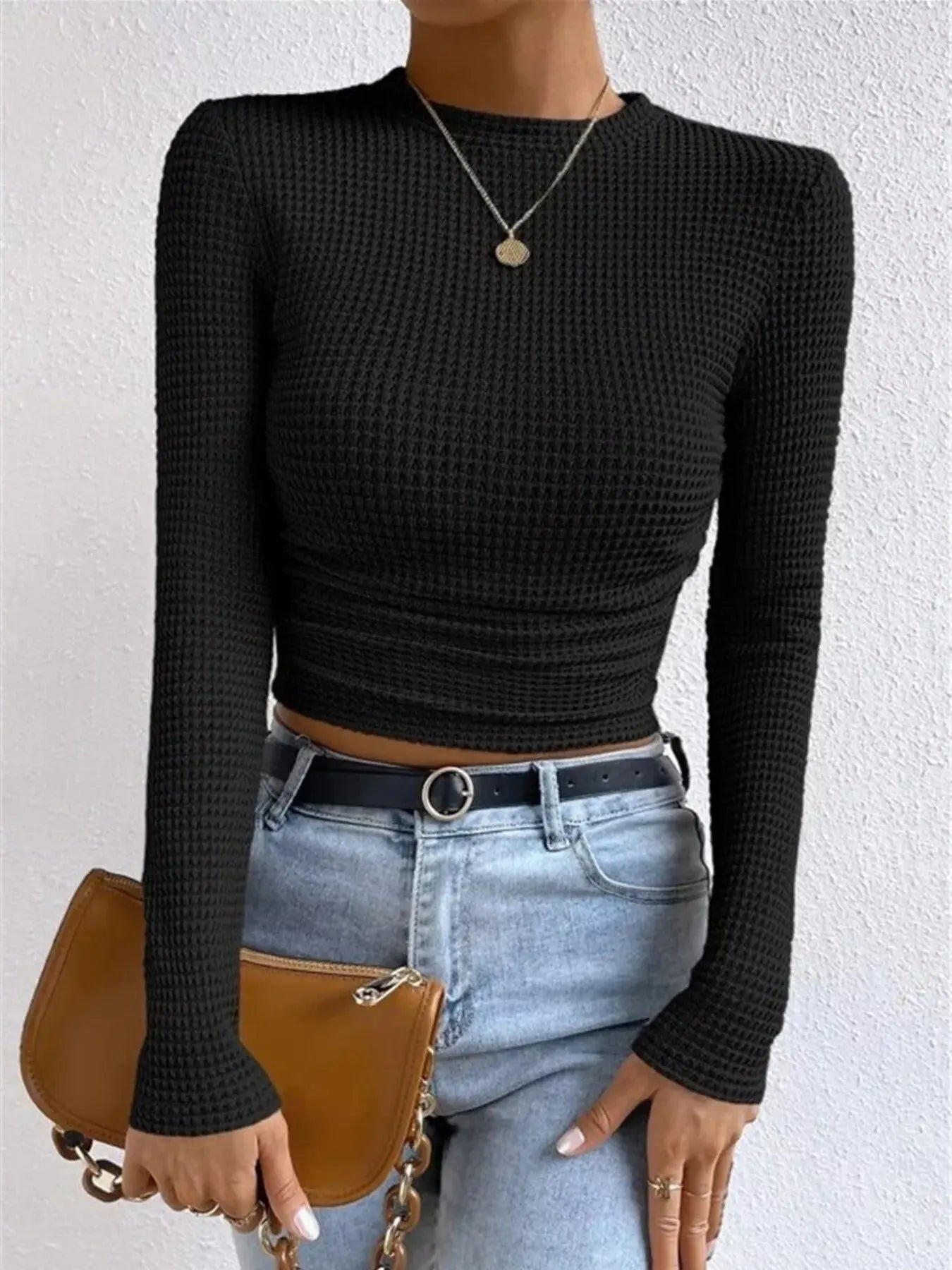 Waffle Knit Long Sleeve T Shirt