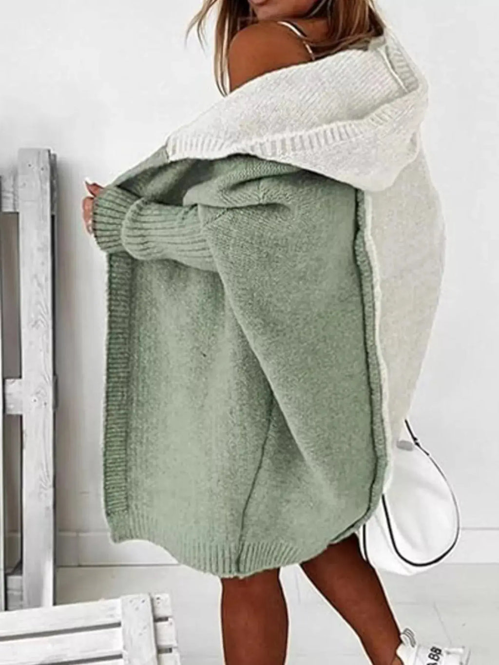 Two-Tone Hooded Open Front Knit Cardigan