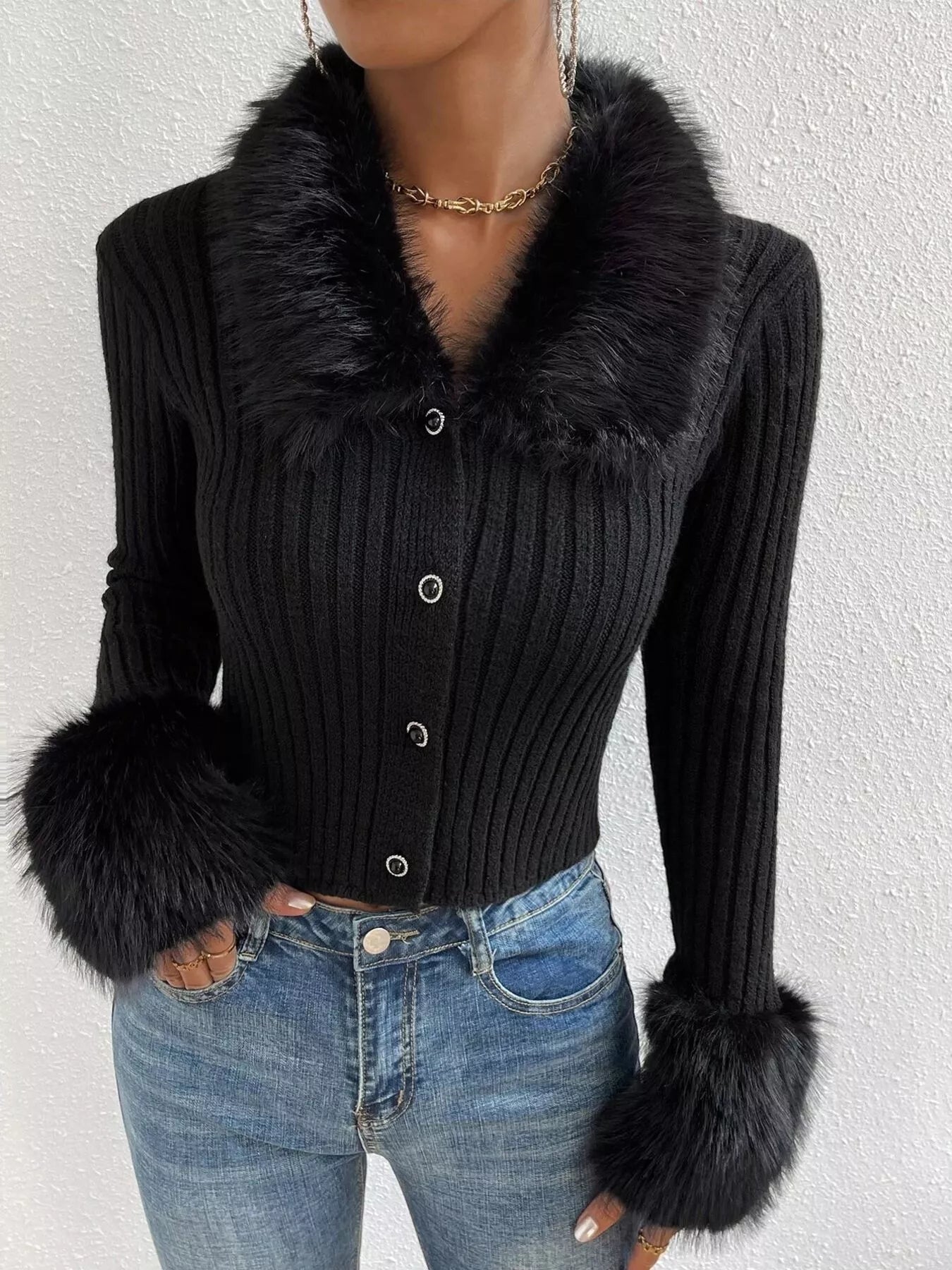 Faux Fur Trim Ribbed Knit Cropped Cardigan