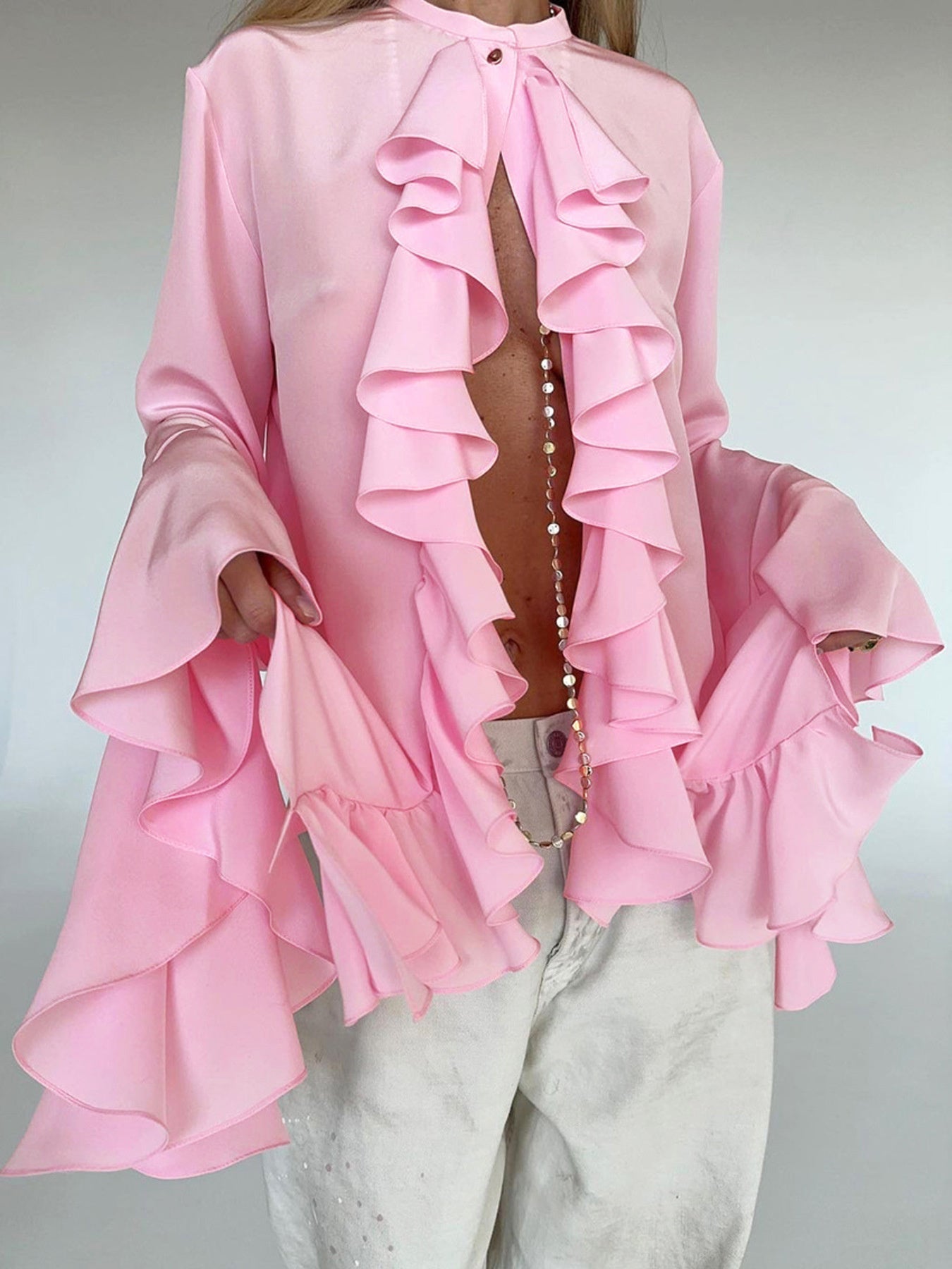 Ruffle Trim Flounce Sleeve Blouse