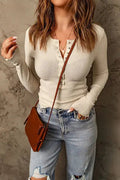 Waffle-Knit Half Snap Long Sleeve T Shirt