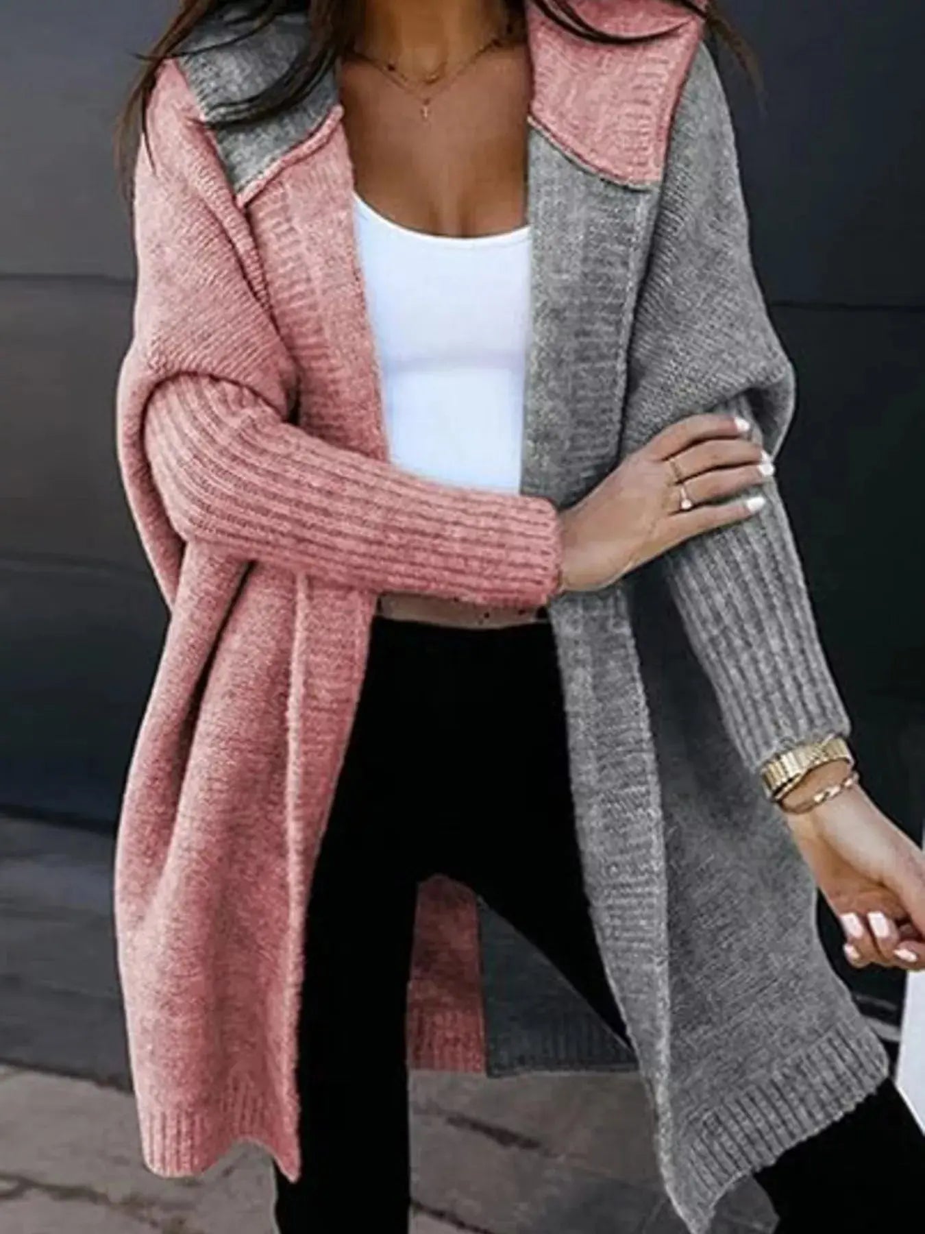 Two-Tone Hooded Open Front Knit Cardigan
