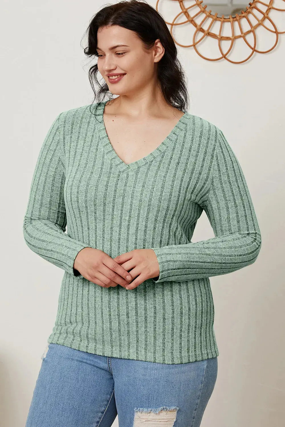 Basic Bae Full Size Ribbed V-Neck Long Sleeve T Shirt for Women