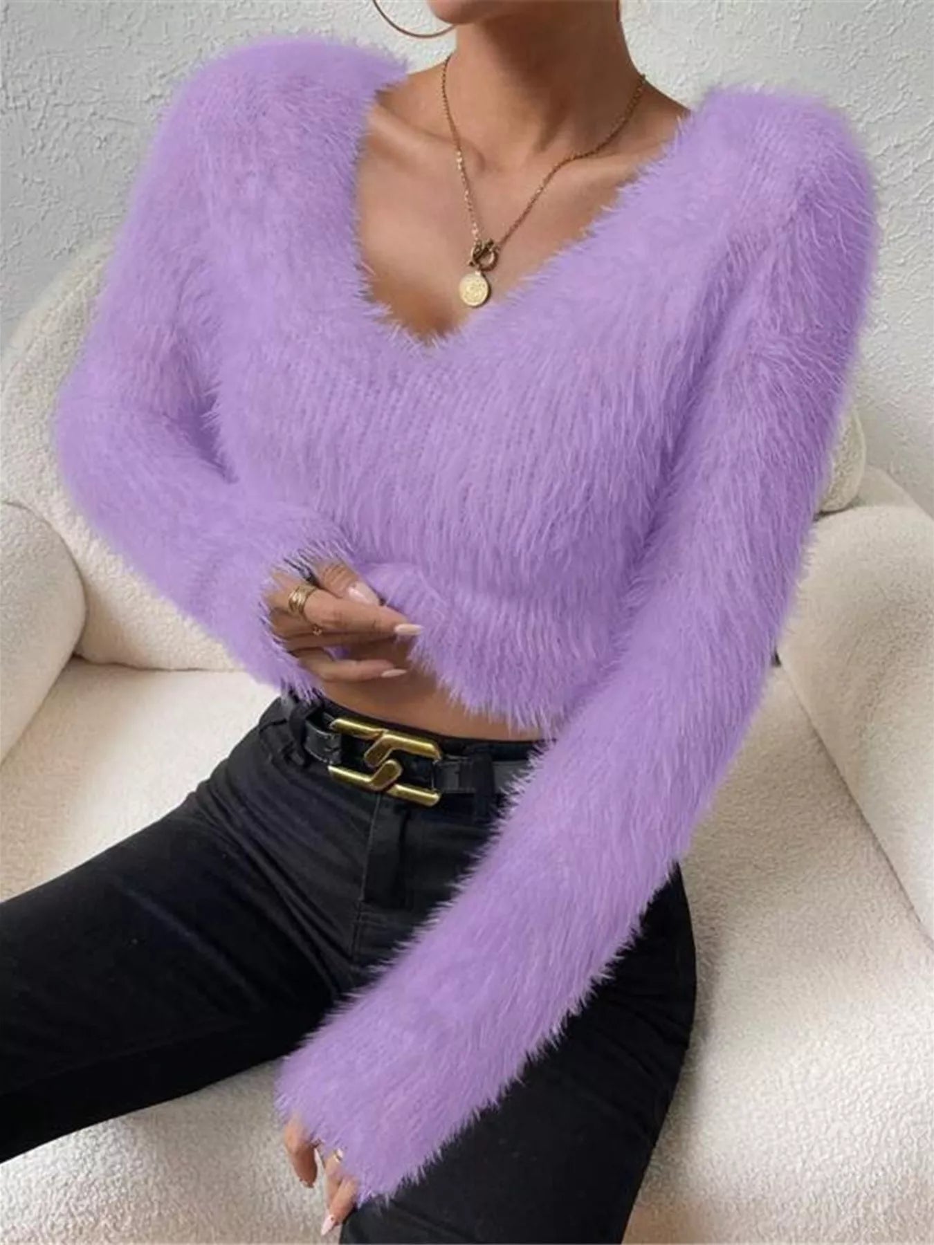 Fluffy Knit V Neck Sweater