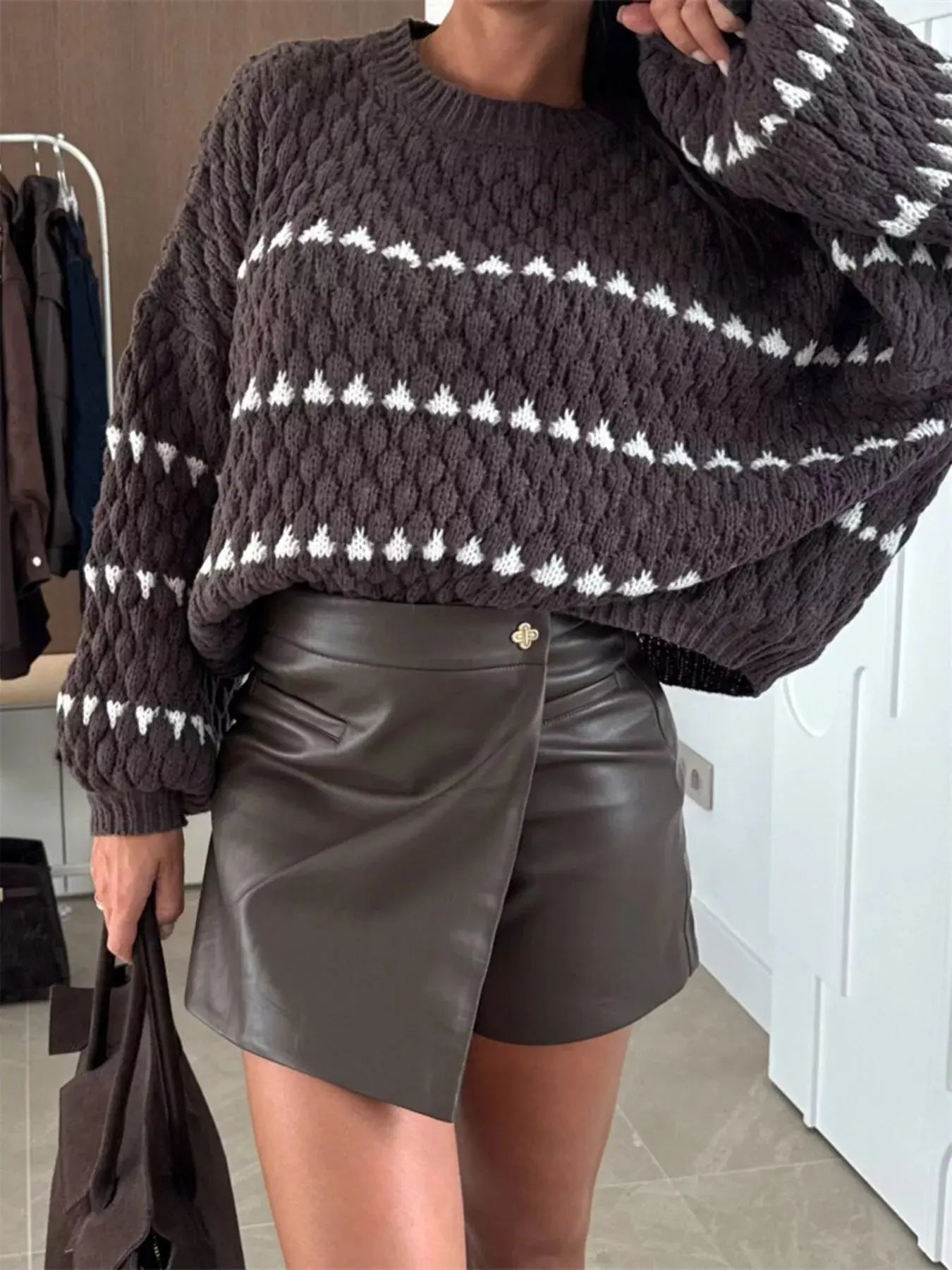 Striped Chunky Knit Sweater with Balloon Sleeves