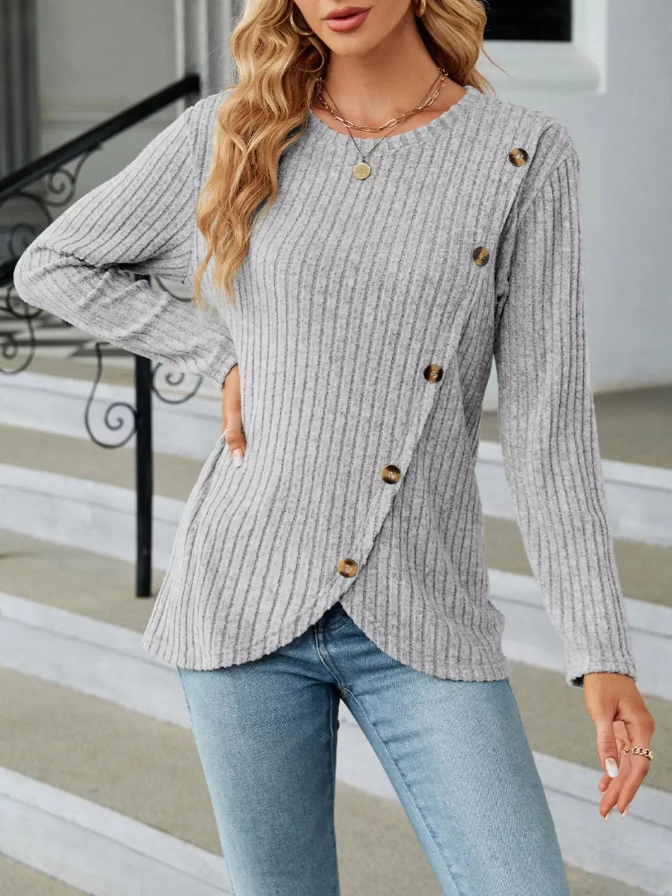 Decorative Button Ribbed Knit T Shirt